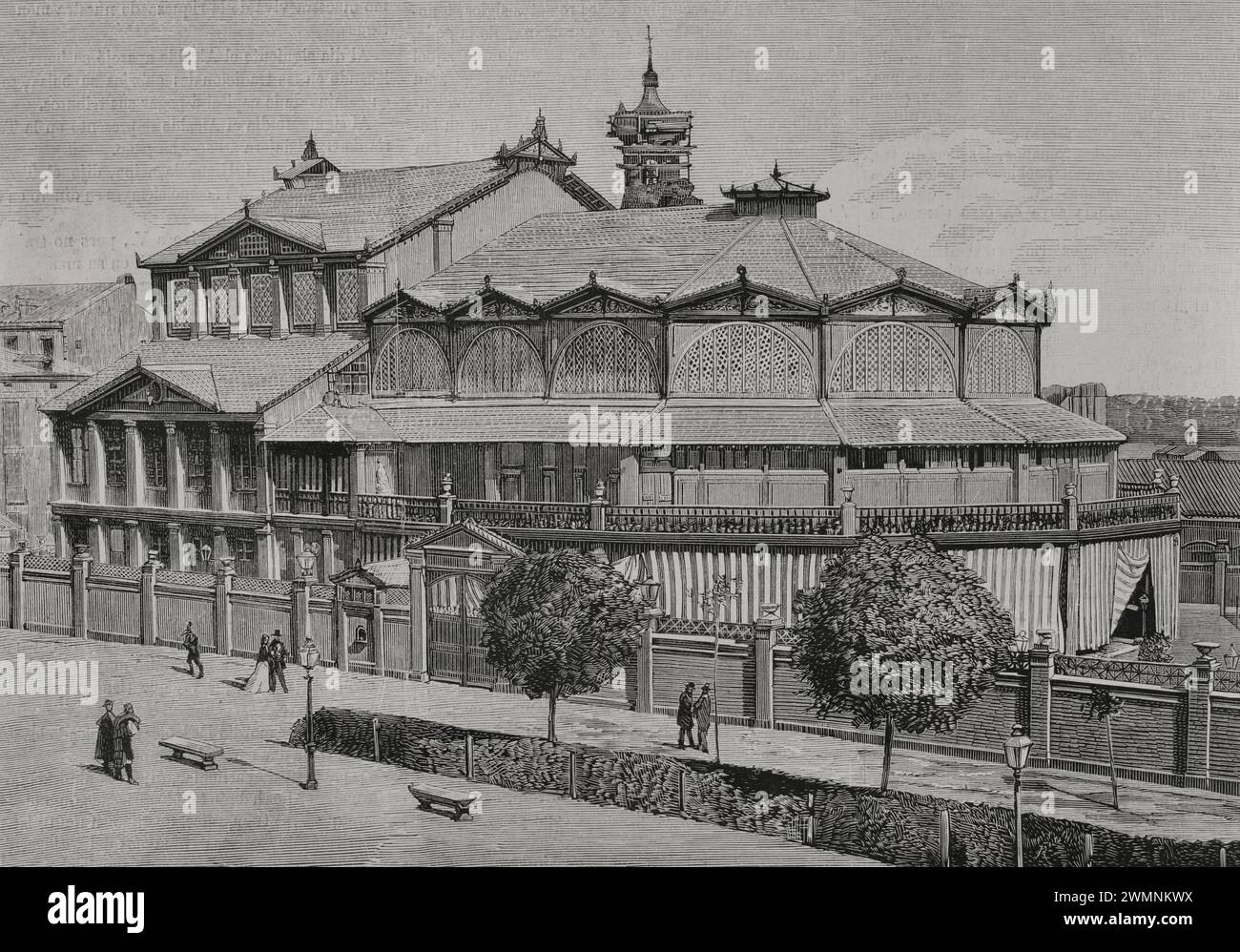 Storia della Spagna. Aragona. Saragossa. Vista esterna del Teatro Pignatelli, costruito in via Independencia sotto la direzione dell'architetto Félix Navarro Pérez (1849-1911). Fu inaugurato il 14 agosto 1878. Demolito nel novembre 1915. Incisione. La Ilustración Española y americana (The Spanish and American Illustration), 1878. Foto Stock