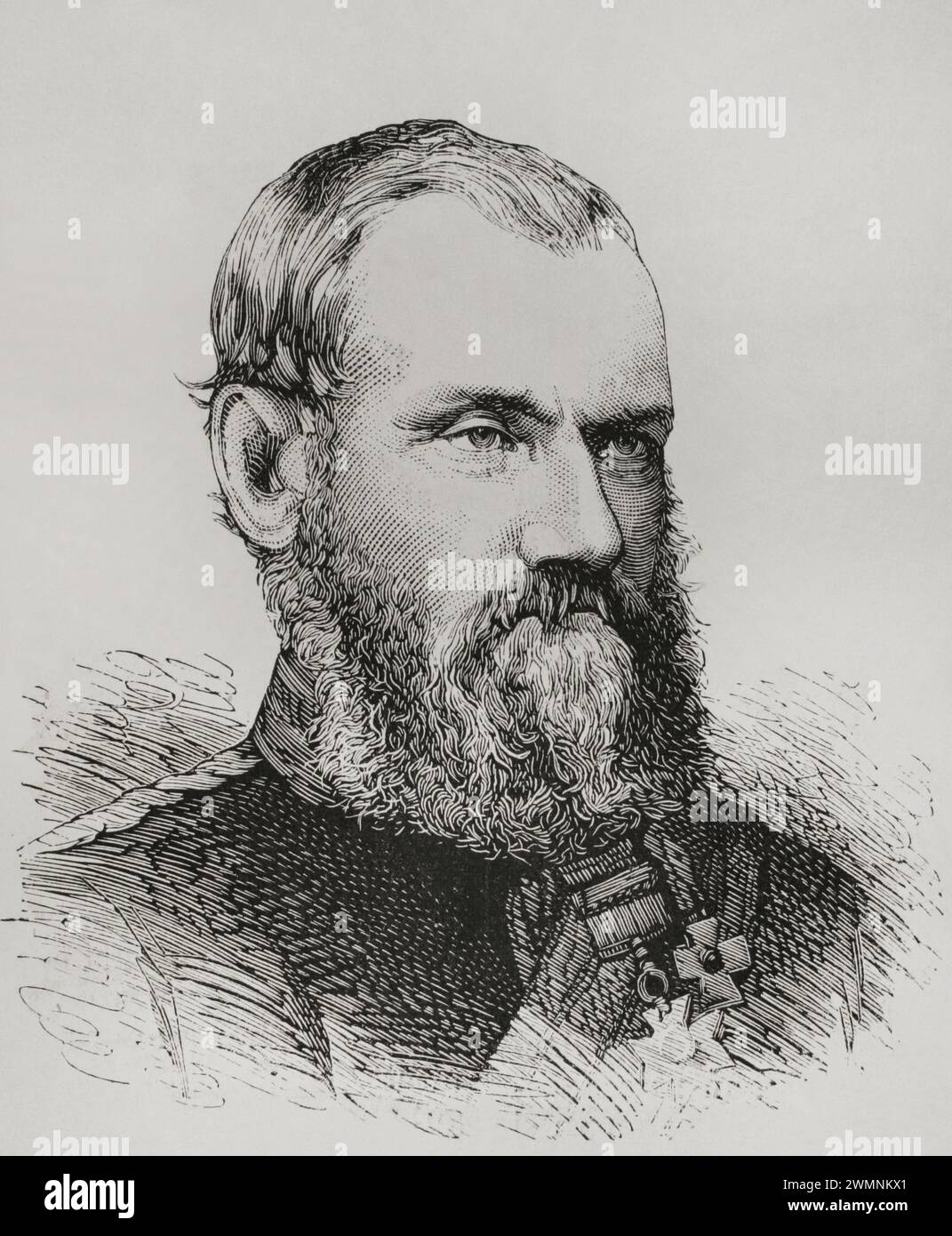 Sam Browne (Sir Samuel James Browne) (1824-1901). Ufficiale di cavalleria dell'esercito indiano britannico. Verticale. Incisione. La Ilustración Española y americana (The Spanish and American Illustration), 1878. Foto Stock