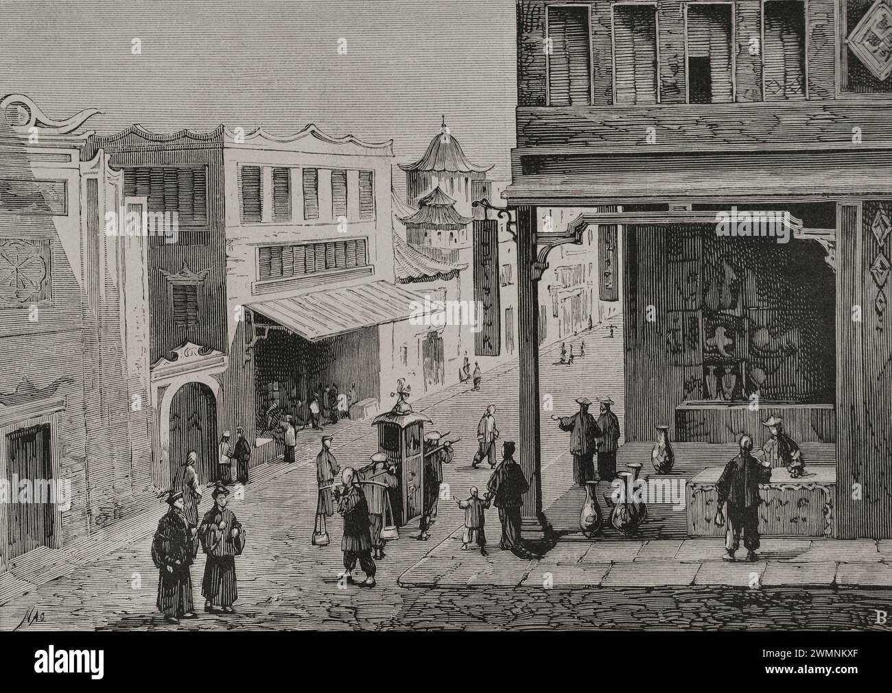 Viaggio del piroscafo "Marqués de la Victoria" a Guangzhou (Cina), sotto il comando del tenente comandante di prima classe Manuel de Eliza y Vergara, nel luglio 1878. Vista della strada principale della città durante il passaggio degli ufficiali della nave per visitare i mandarini. Disegno di Nao. Incisione di Capuz. La Ilustración Española y americana (The Spanish and American Illustration), 1878. Foto Stock