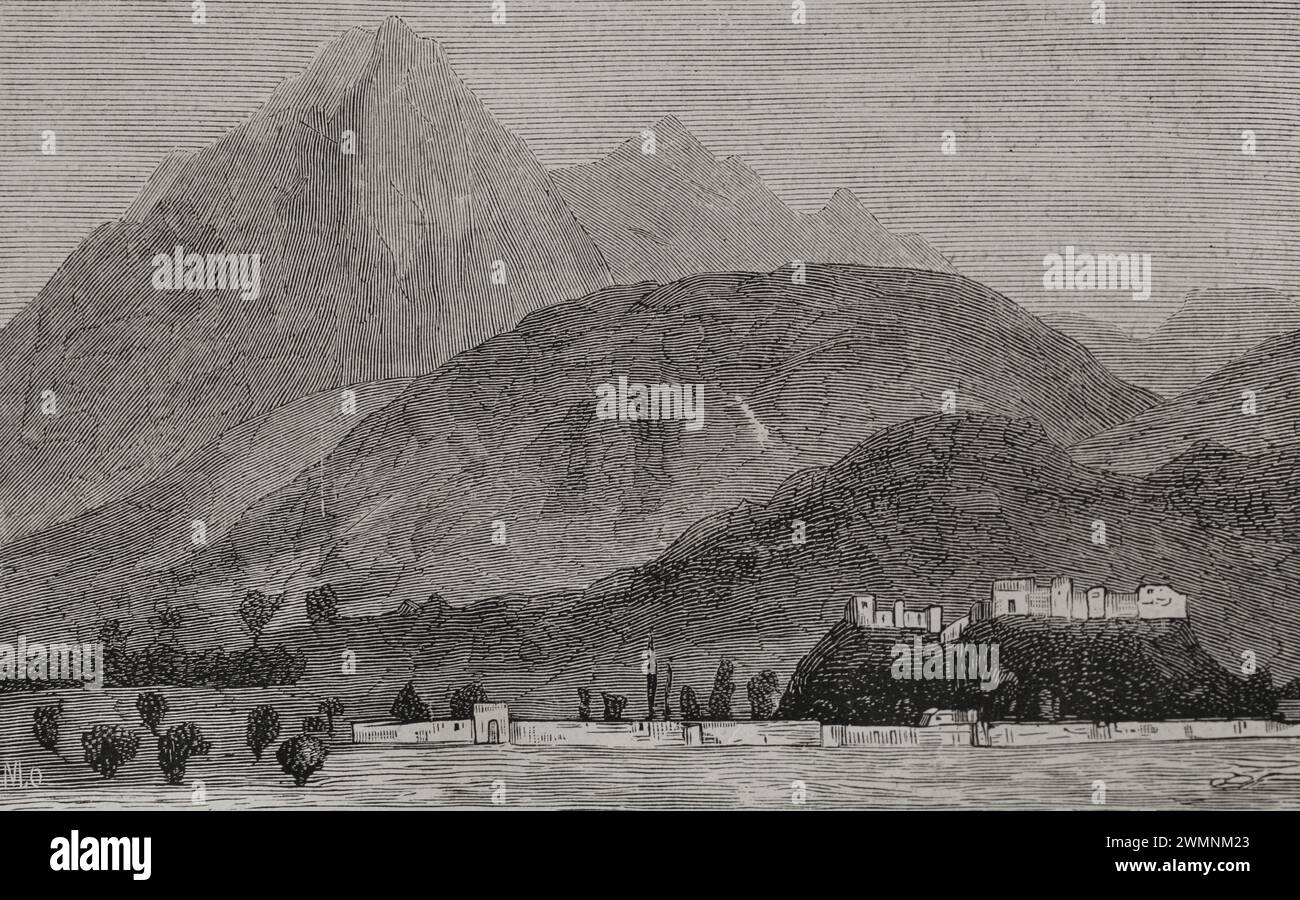 Storia dell'Afghanistan. xix secolo. Quetta. Vista generale della città all'ingresso del passo Bolan (attuale territorio pakistano). Incisione. La Ilustración Española y americana (The Spanish and American Illustration), 1878. Foto Stock