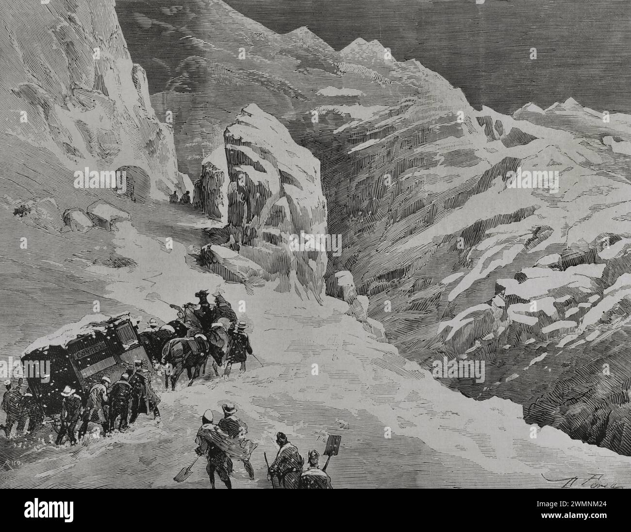 Asturie, Spagna. Puerto de Pajares (porto di Pajares). Guidare il carro postale trainato da cavalli durante una tempesta di neve. Incisione di Rico. La Ilustración Española y americana (The Spanish and American Illustration), 1878. Foto Stock