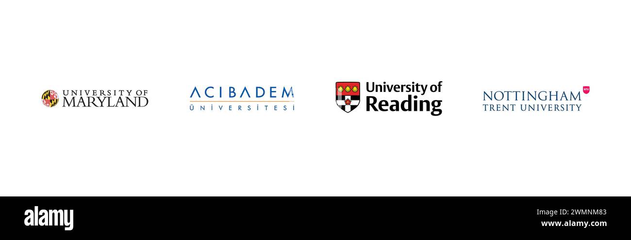 Università del Maryland, AC?badem Üniversitesi, Università di Reading, Università di Nottingham Trent. Collezione di logo del marchio più popolare. Illustrazione Vettoriale
