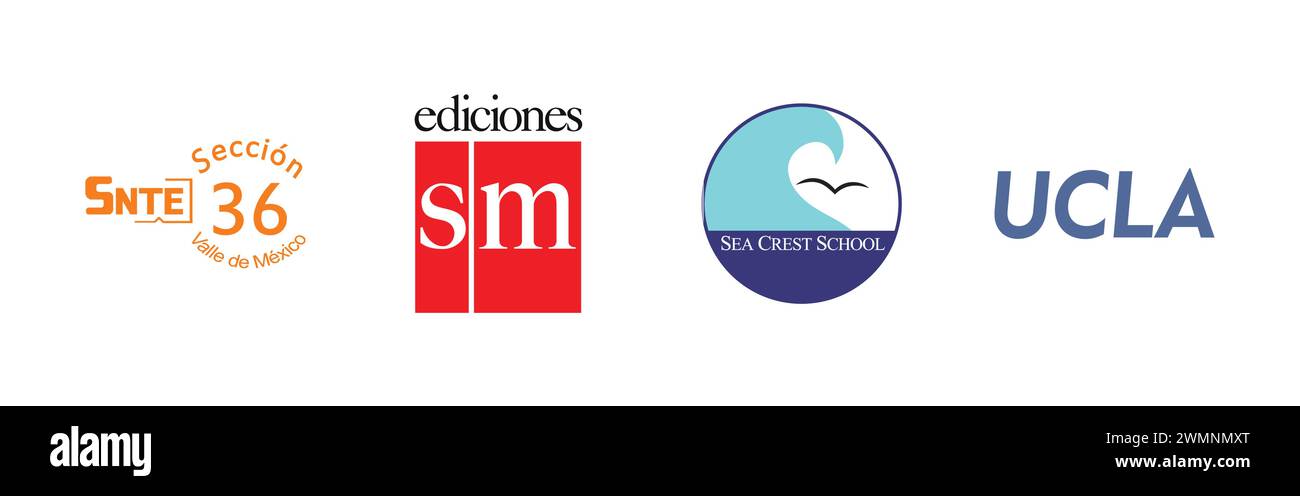 Sea Crest School, Ediciones SM, SNTE Sección36, UCLA. Collezione di logo del marchio più popolare. Illustrazione Vettoriale