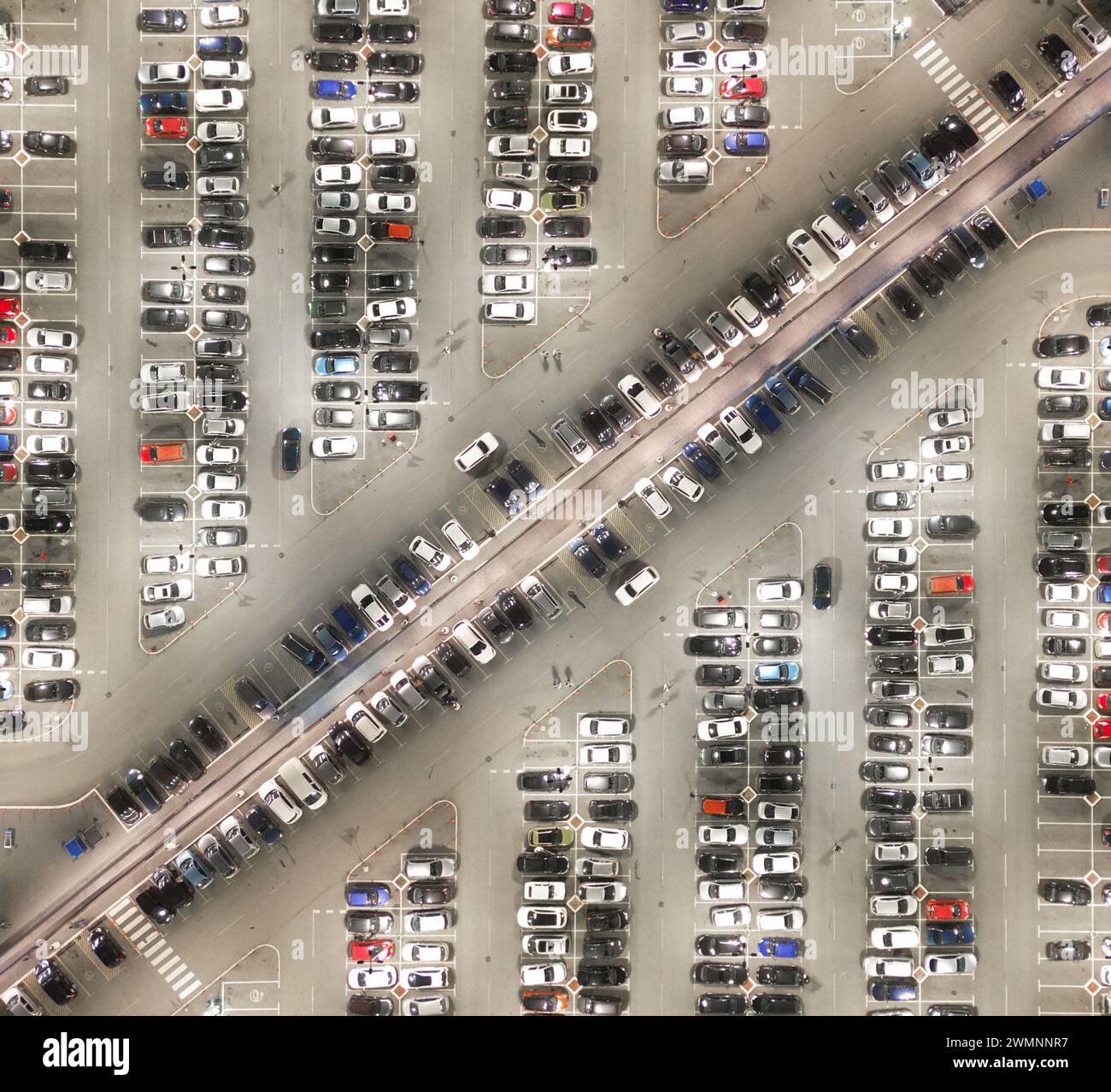 Vista aerea di numerose auto di vari colori forme e dimensioni parcheggiate in modo ordinato. Concetto di diversità. Foto Stock