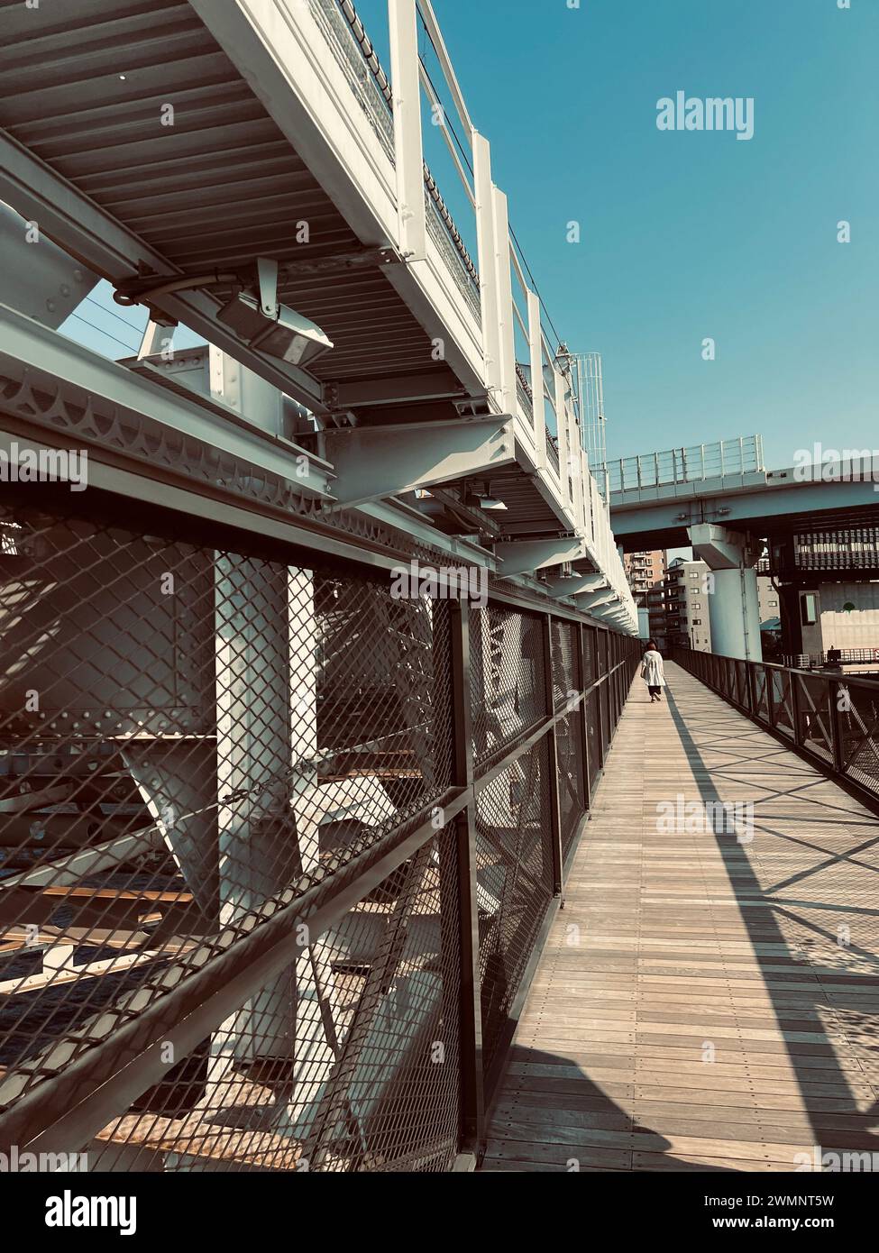 Ponte di metallo con scale, ringhiere in acciaio e persone che camminano Foto Stock