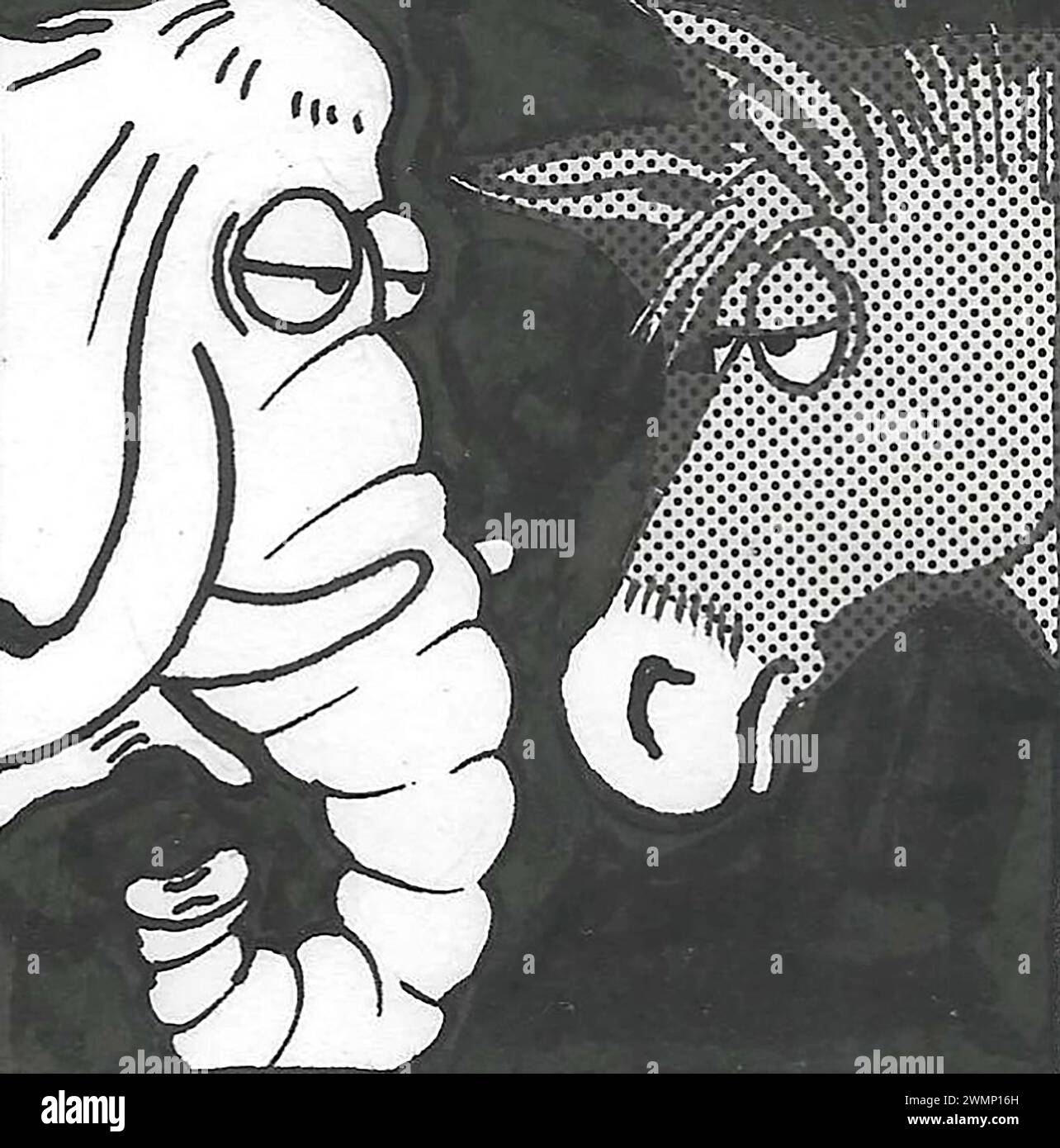 Il cartone animato BW di un asino e un elefante che si guardano e si illuminano l'un l'altro. Foto Stock