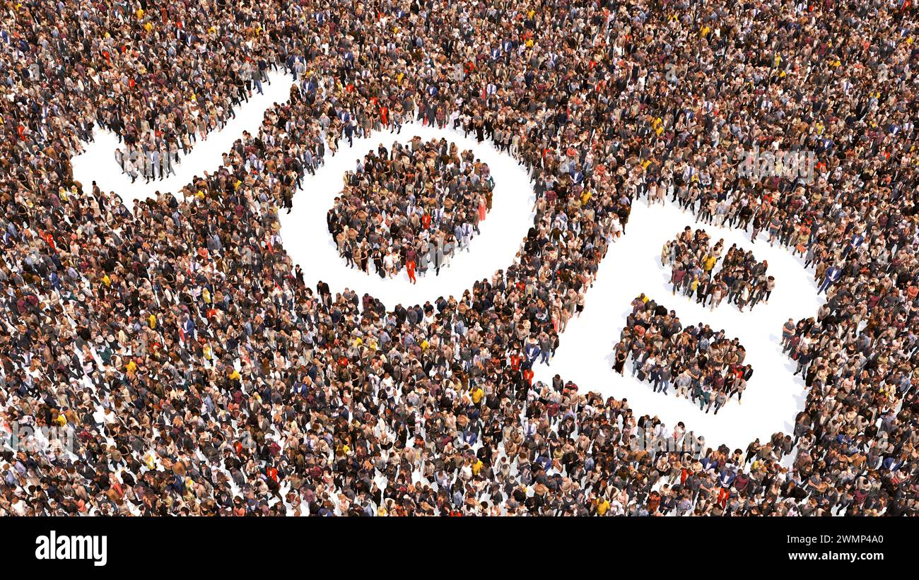 Concetto o grande comunità concettuale di persone che formano parola DI LAVORO. 3d metafora illustrativa per il lavoro, le risorse umane, l'occupazione, il reclutamento, la carriera Foto Stock