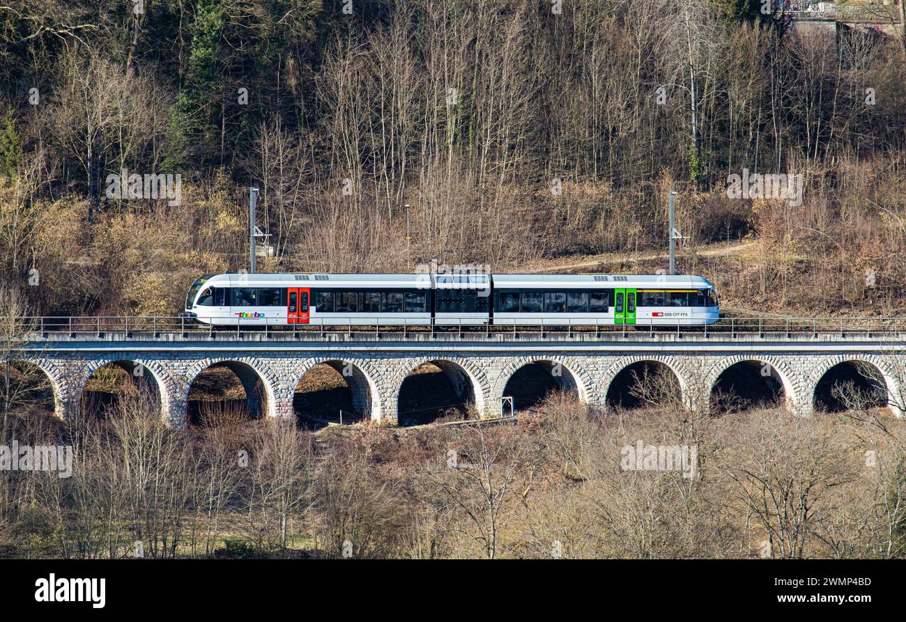 Ein Zug der firma Thurbo ein Stadler Gelenkstriebwagen GTW fährt auf einem kleinen Viadukt oberhalb des Rheinfalls. (Laufen-Uhwiesen, Schweiz, 03.02.2 Foto Stock