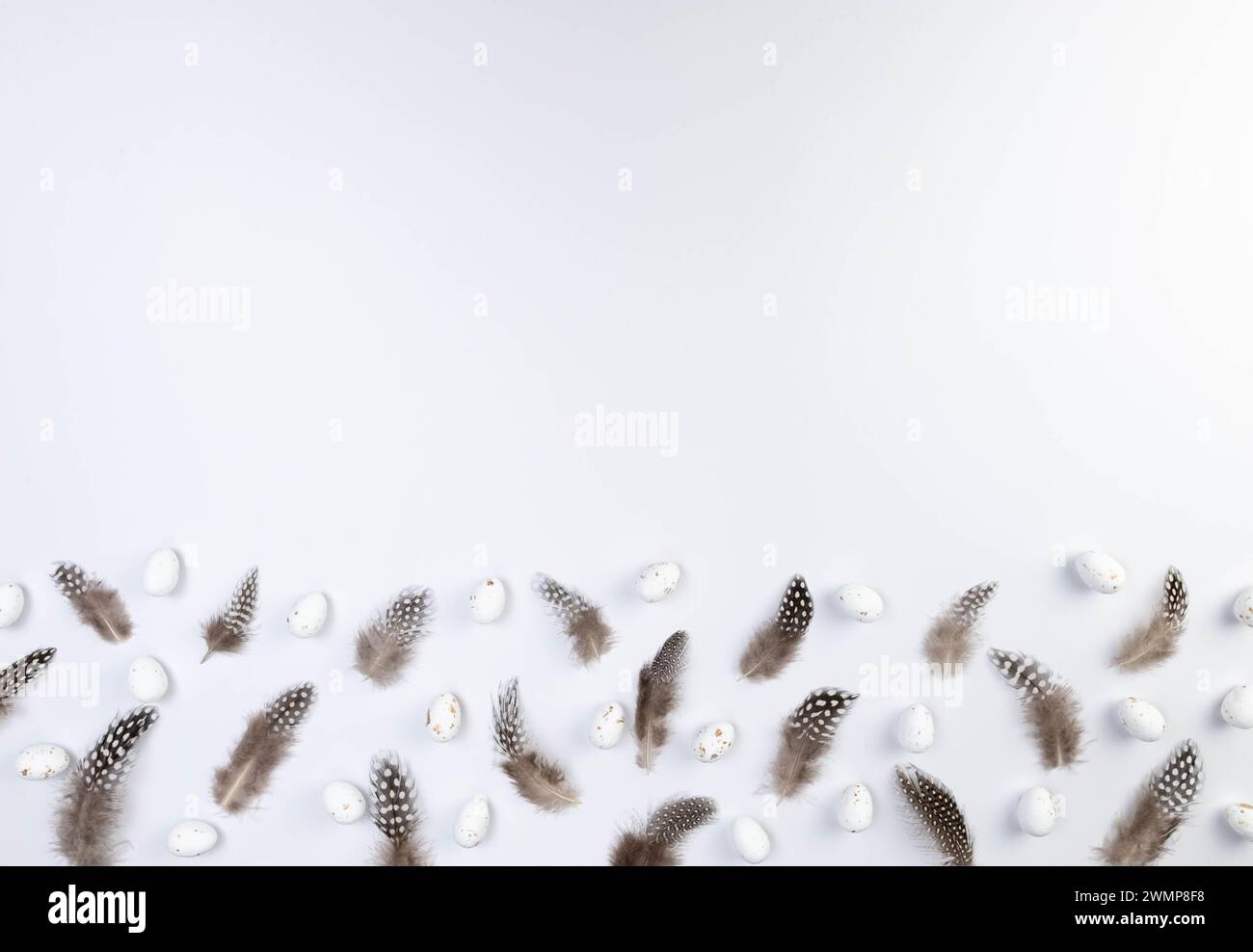 Vista dall'alto di piume marroni, uova di pasqua bianche su sfondo bianco. Composizione creativa pasquale, primavera, spazio copia, piatto. Foto Stock
