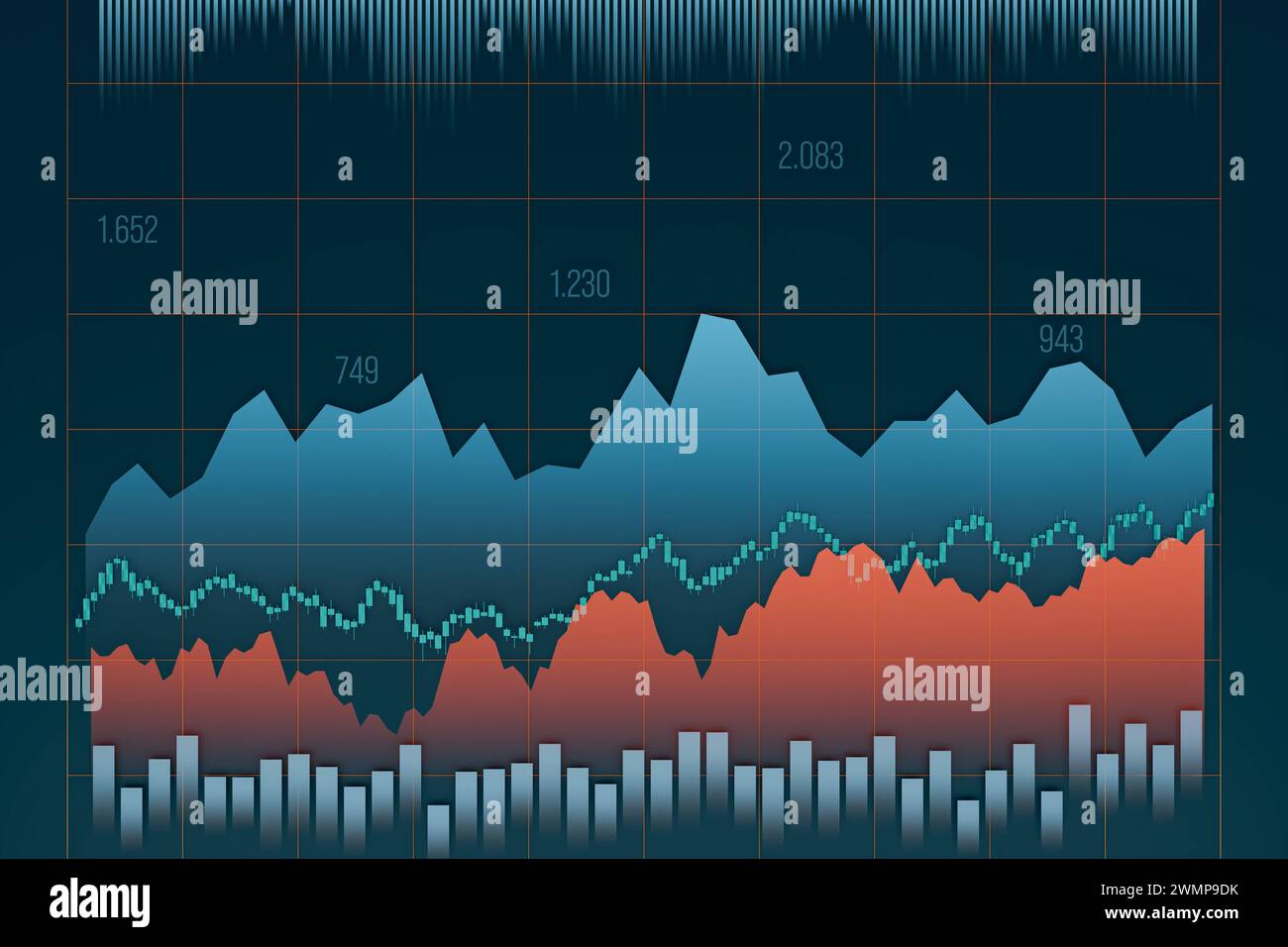 Grafici, grafici a barre, numeri e linee, concetto di mercato azionario. Grafici, grafici a barre, numeri e linee, concetto di mercato azionario. Affari, progresso, crescita, ma Foto Stock