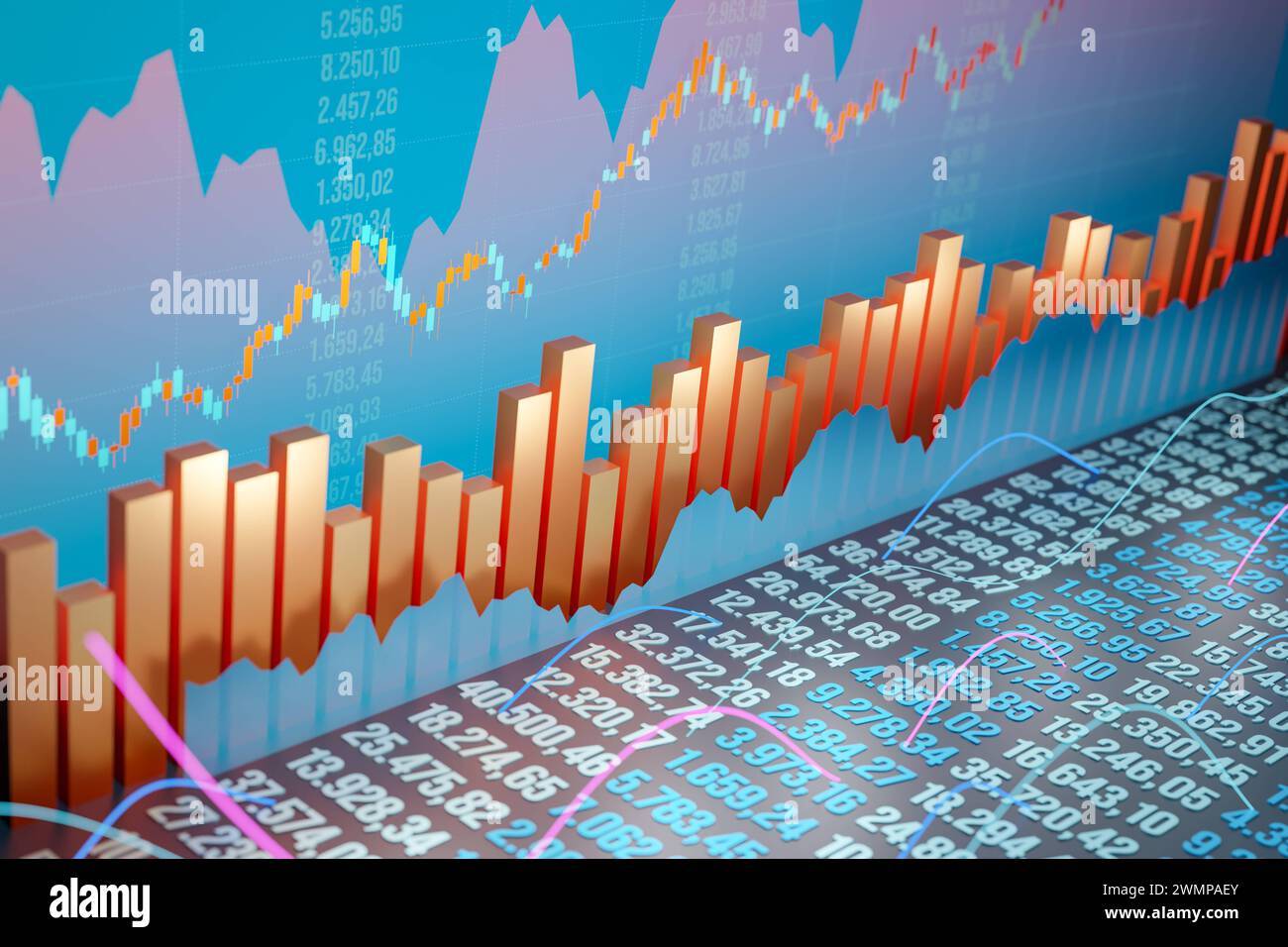 Report aziendale, informazioni sulle vendite, grafico a barre arancione, numeri e righe. Informazioni commerciali, grafico a barre arancione, numeri e linee. Grafici in aumento in t Foto Stock