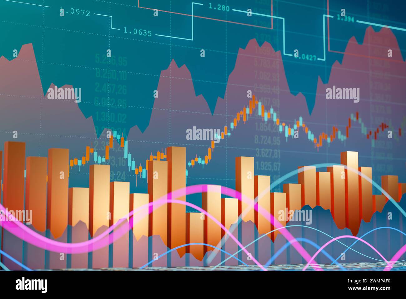 Report aziendale, informazioni sulle vendite, grafico a barre arancione, numeri e righe. Informazioni commerciali, grafico a barre arancione, numeri e linee. Grafici in aumento in t Foto Stock