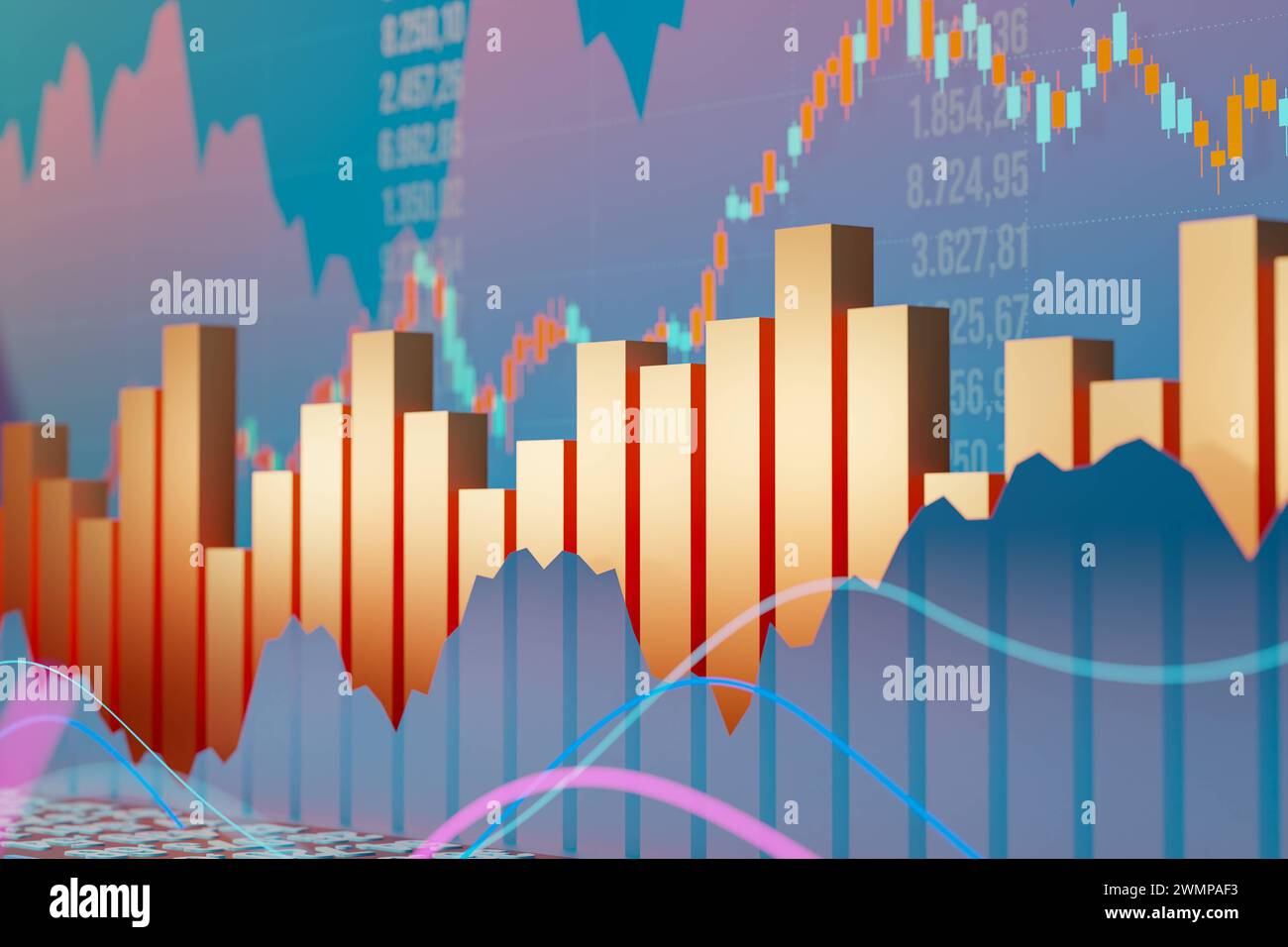 Report aziendale, informazioni sulle vendite, grafico a barre arancione, numeri e righe. Informazioni commerciali, grafico a barre arancione, numeri e linee. Grafici in aumento in t Foto Stock