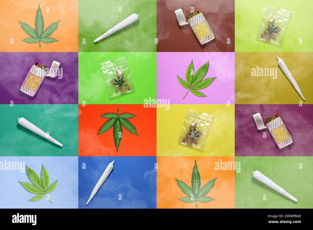 Collage di foglie di canapa, giunto, accendisigari e sacchetto di cannabis con fumo, fotomontaggio Foto Stock
