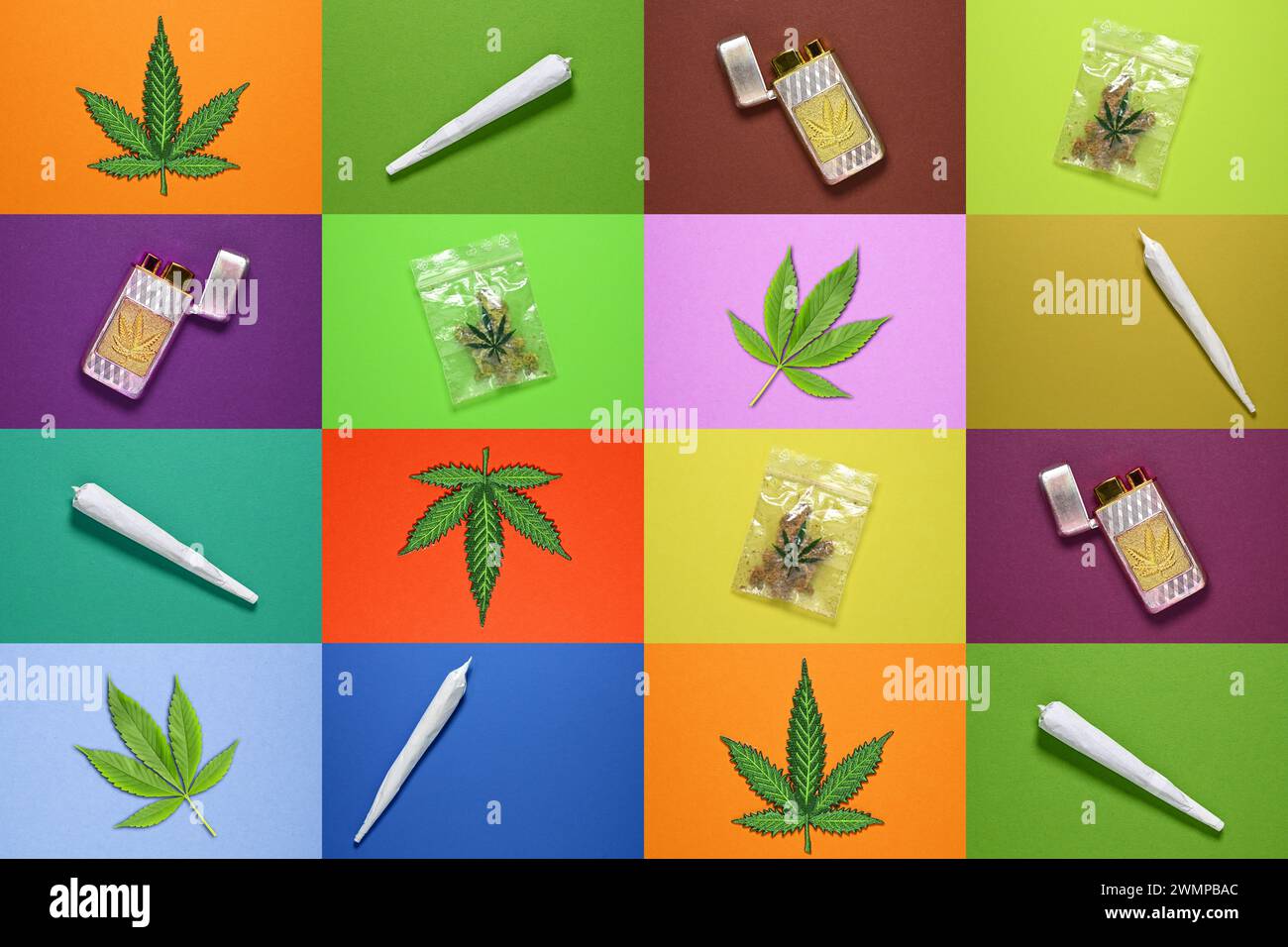 Collage di foglie di canapa, articolazioni, sacchetti di cannabis e accendini, fotomontaggio Foto Stock