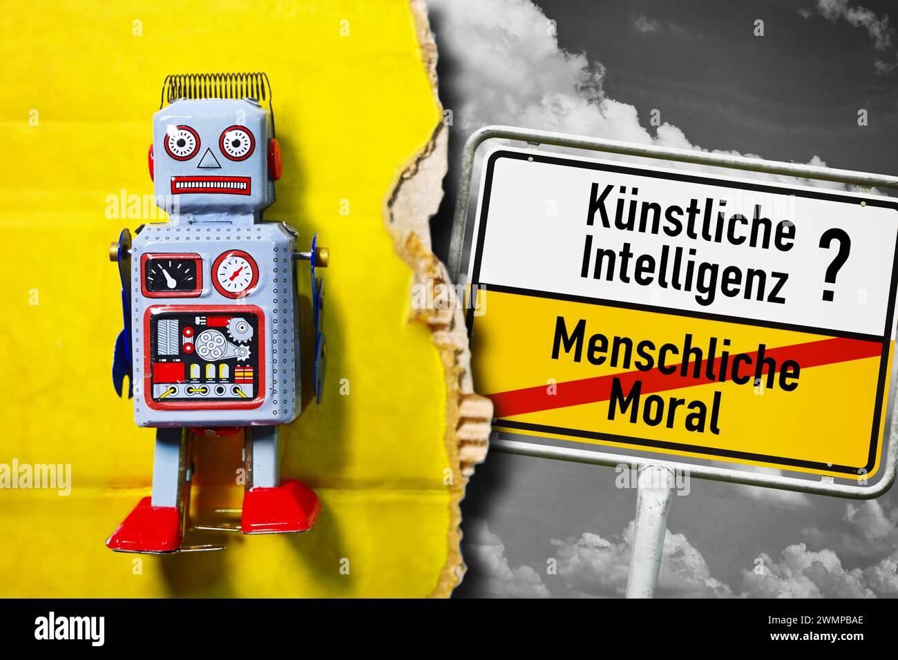 Figura robot e segno di città con l'iscrizione intelligenza artificiale e l'iscrizione barrata morale umana, fotomontaggio Foto Stock