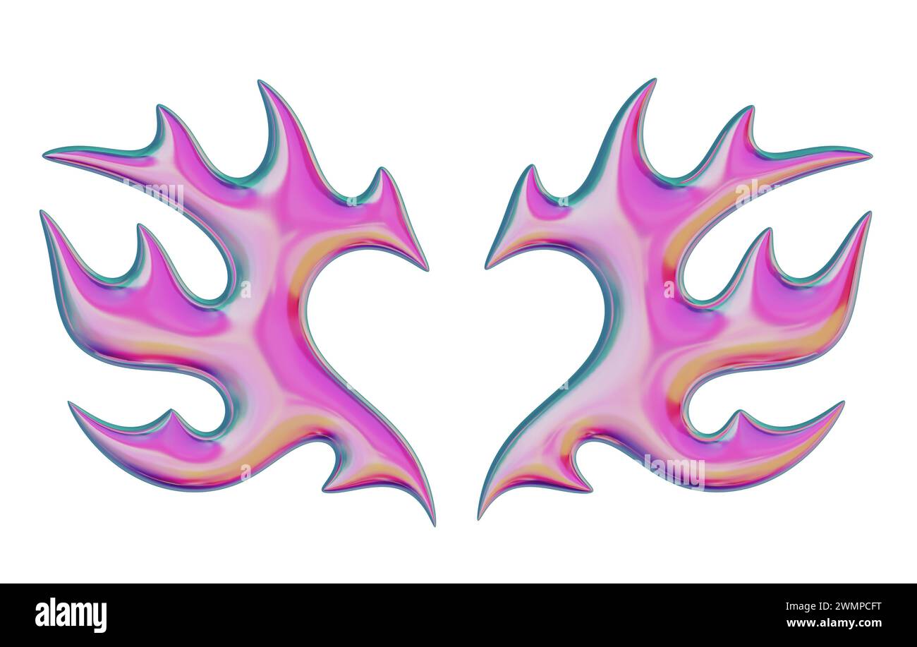 Fiamma 3D a forma di ali e cuore. Elemento Y2K alla moda. Colorato rosa a fuoco acceso con effetto gradiente lucido. Rendering 3D. Illu isolato Foto Stock