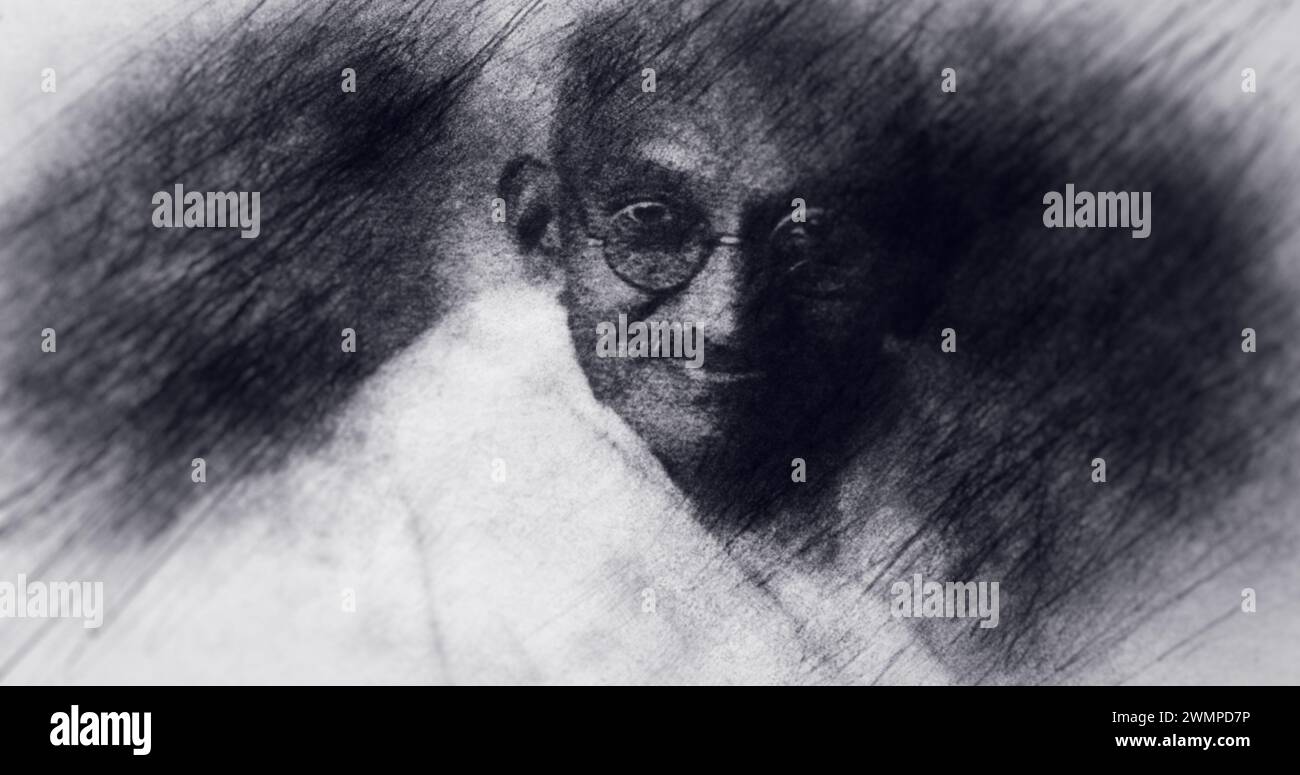 Disegno verticale. Mohandas Karamcand Gandi. Foto Stock