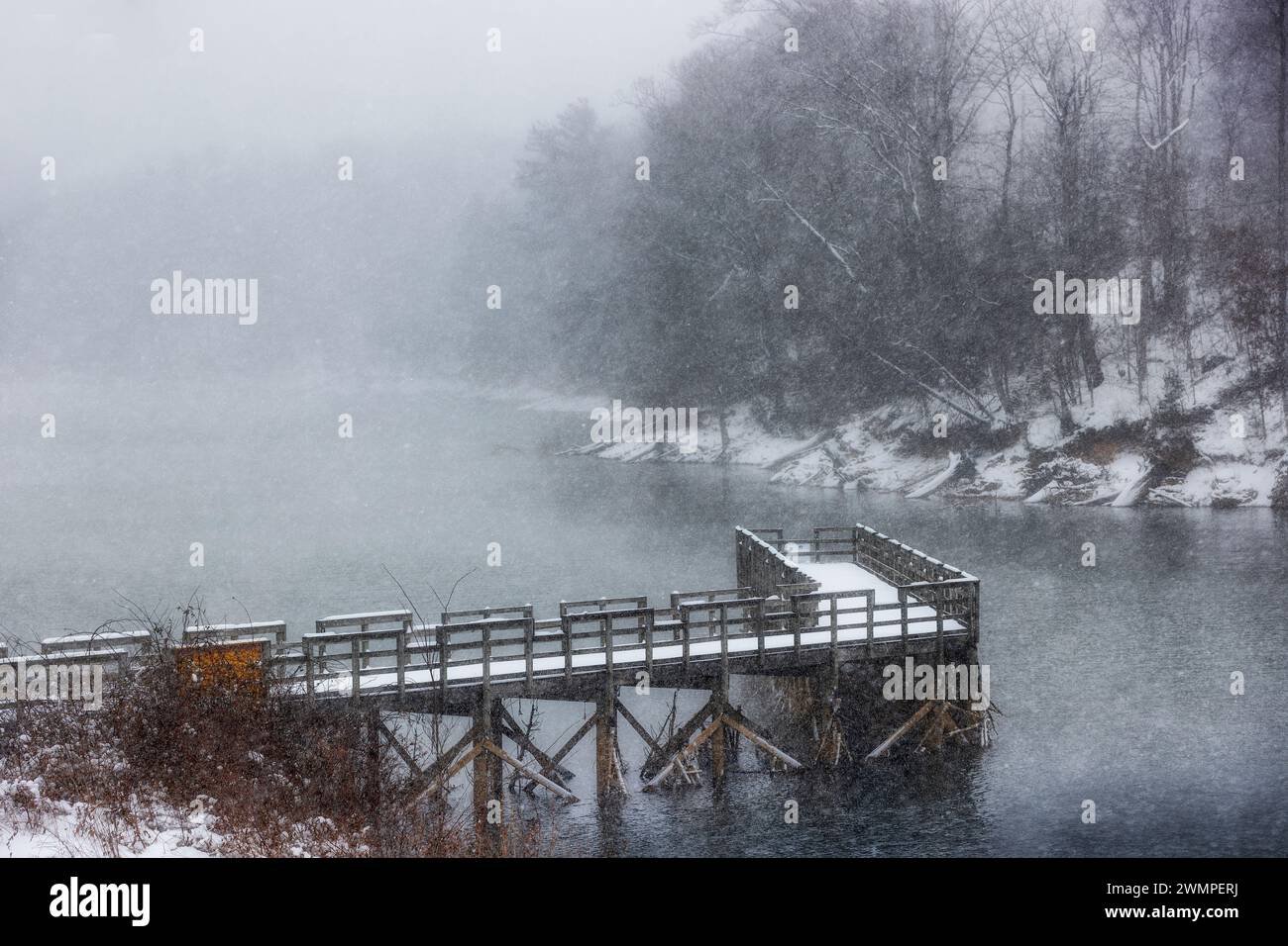 La neve cade in questo paesaggio invernale sul lago Watauga nel nord-est di Tennesse, Stati Uniti Foto Stock