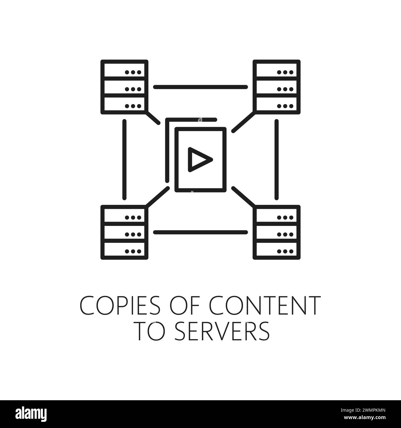 Copie dei contenuti sui server. CDN, l'icona della rete per la distribuzione dei contenuti delle tecnologie web vettoriali. Sistema di distribuzione CDN di file multimediali, documenti o software di cartellonistica sottile con server proxy del data center Illustrazione Vettoriale