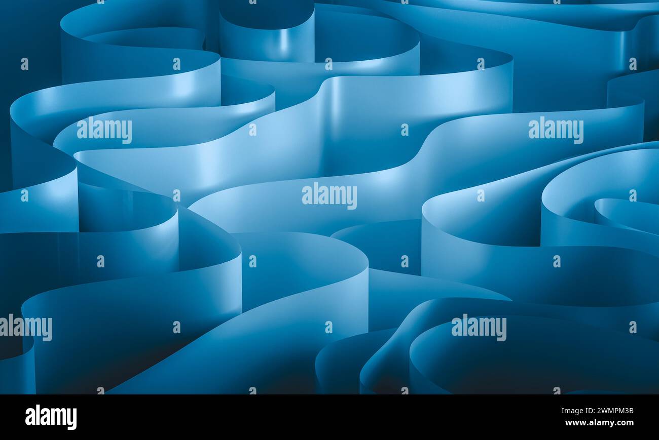 Motivo senza cuciture di nastri blu lisci e fluenti con finitura lucida, rendering 3d. Foto Stock