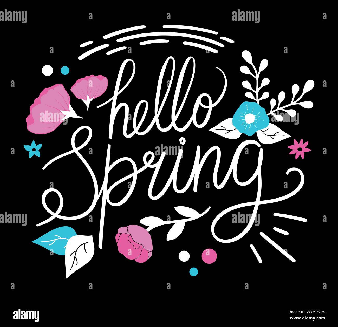 Scritta "Hello Spring" decorata con fiori. Saluta l'arrivo della primavera. Scrittura a mano. Illustrazione vettoriale Illustrazione Vettoriale