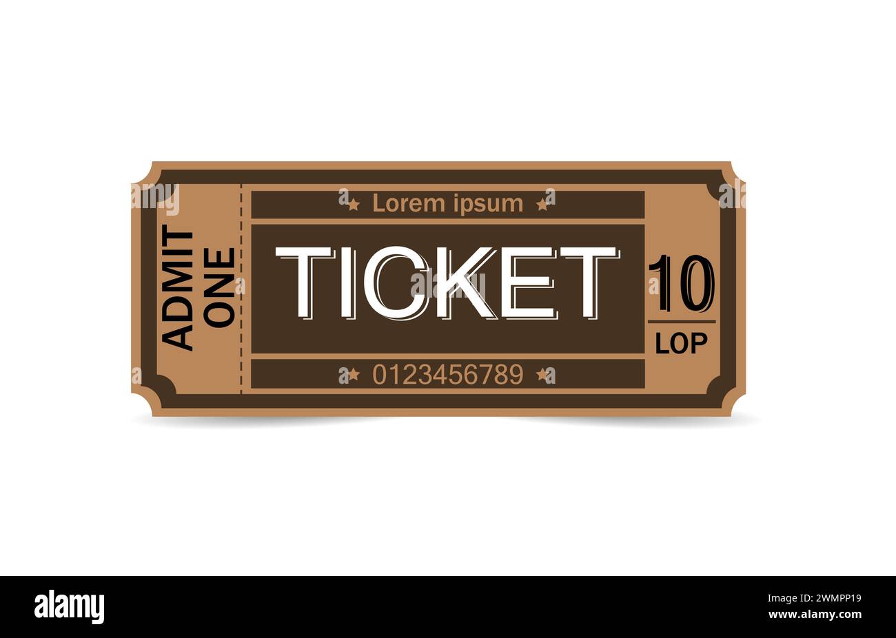 Biglietto Brown per il cinema, il teatro e il circo. Biglietto su sfondo bianco. Illustrazione Vettoriale