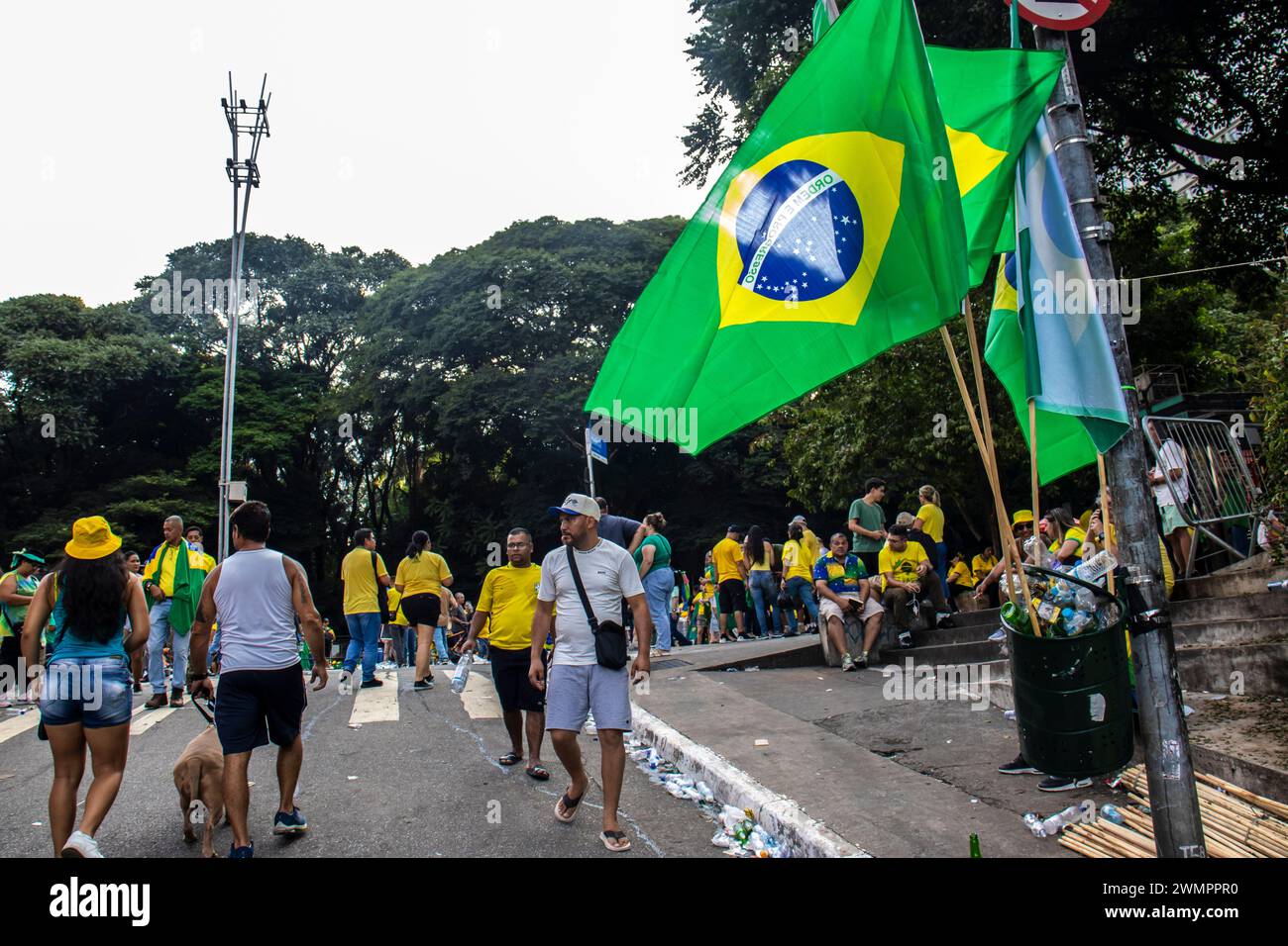 San Paolo, SP, Brasile. 25 febbraio 2024. I sostenitori di Jair Bolsonaro tennero un raduno su Paulista Avenue, a San Paolo in Brasile, in difesa dell'ex presidente. Bolsonaro, indagato dalla polizia federale per un tentativo di colpo di Stato. Durante la dimostrazione la polizia militare mobilitò 2.000 uomini per garantire la sicurezza dell'evento Foto Stock