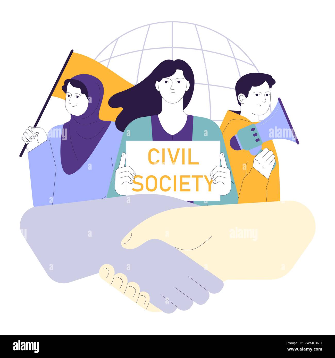 Equità sociale. Lavoro di squadra della società civile, attivismo ambientale e impegno comunitario per un futuro migliore e pari opportunità. Diversità e inclusione. Illustrazione vettoriale piatta Illustrazione Vettoriale