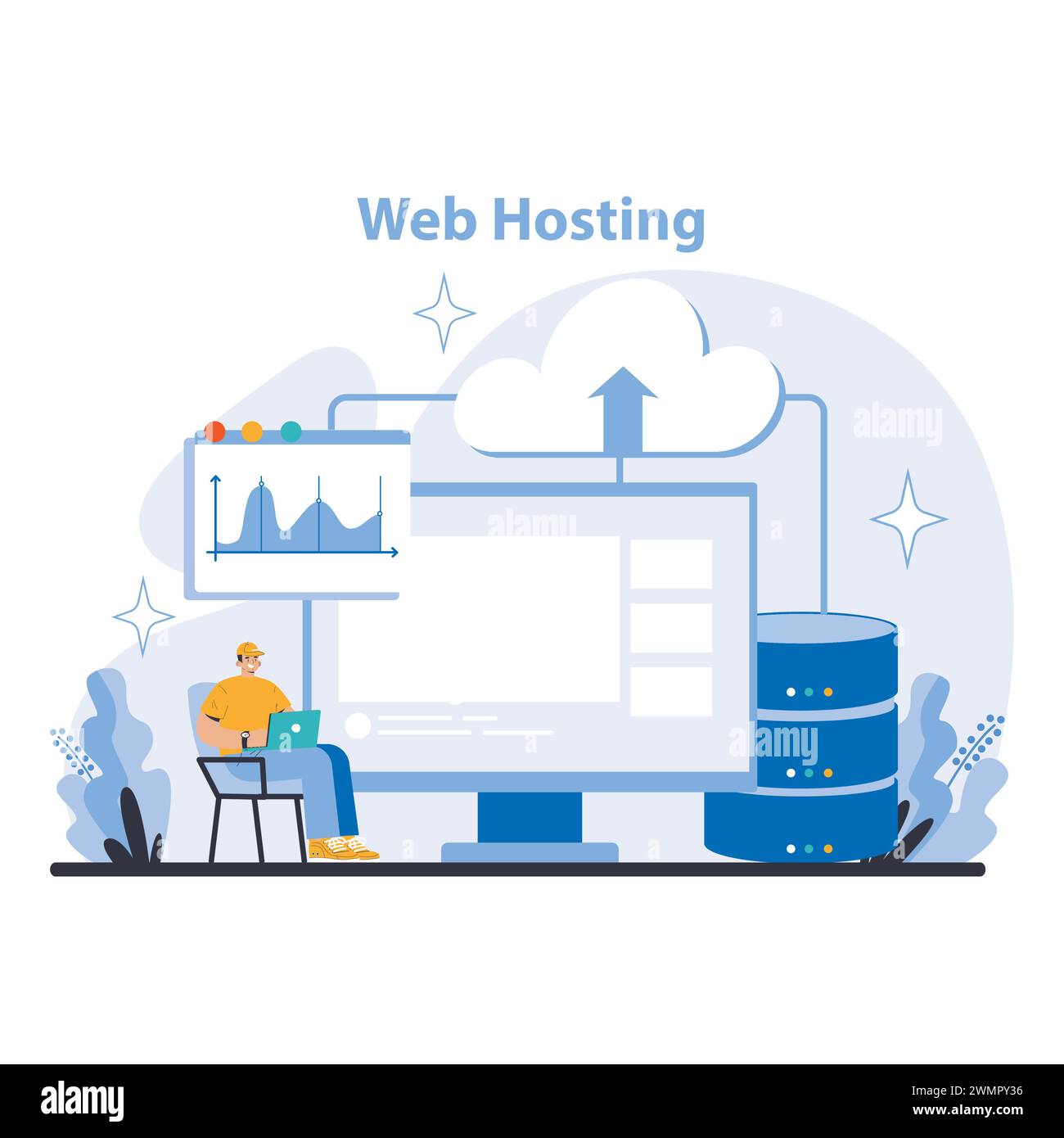 Concetto di servizi Internet. Hosting Web. Servizi di hosting affidabili e scalabili che garantiscono tempi di attività e prestazioni elevati. Infrastruttura essenziale per siti web e applicazioni. Illustrazione vettoriale piatta. Illustrazione Vettoriale