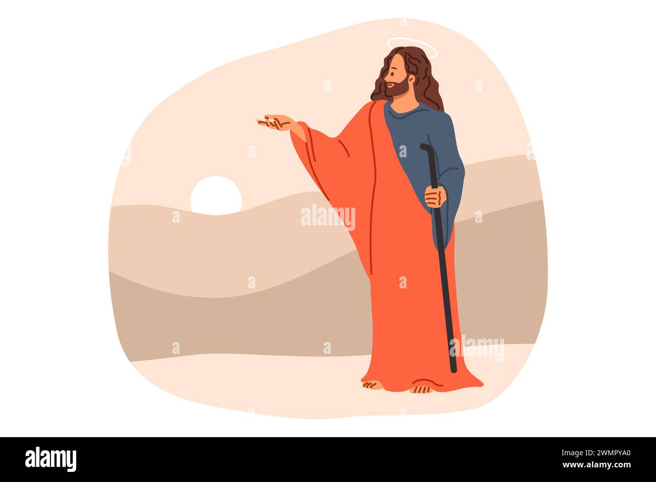 Gesù cristo dalla bibbia e dalla religione cristiana, si erge vicino alle colline e al tramonto, dando parole di separazione Illustrazione Vettoriale