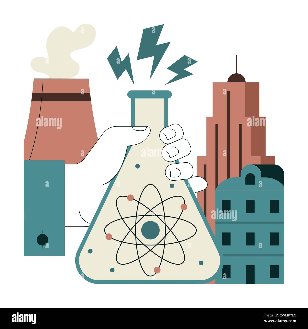 Combustibile fossile. Integrazione dell'energia atomica o nucleare nelle città moderne. Generazione di energia rinnovabile in reattori nucleari. Illustrazione vettoriale piatta Illustrazione Vettoriale