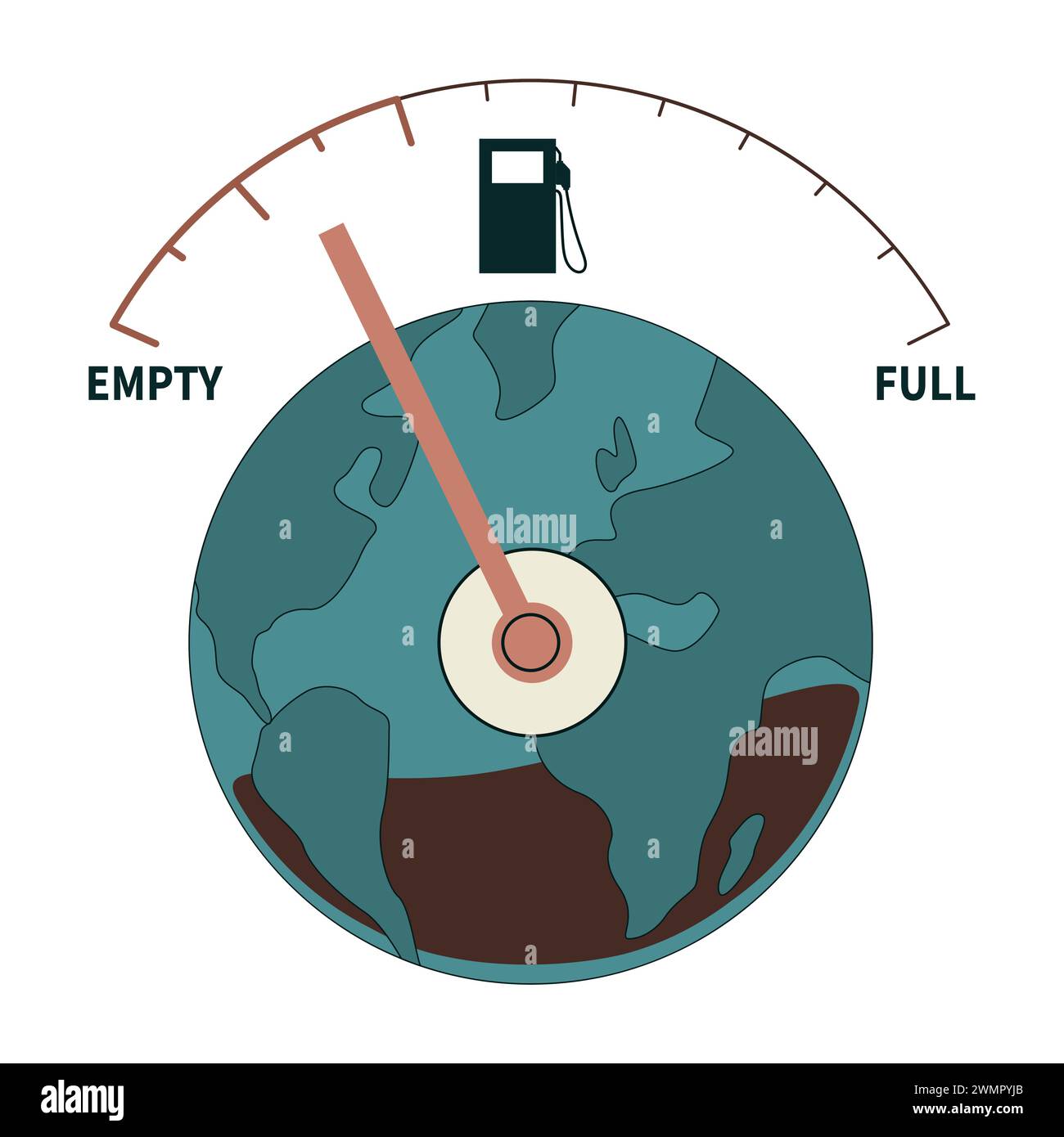 Combustibile fossile. Esaurimento delle risorse naturali. Messa a terra come indicatore di livello carburante quasi vuoto. Stato critico di esaurimento delle risorse naturali e urgenza climatica. Illustrazione vettoriale piatta Illustrazione Vettoriale