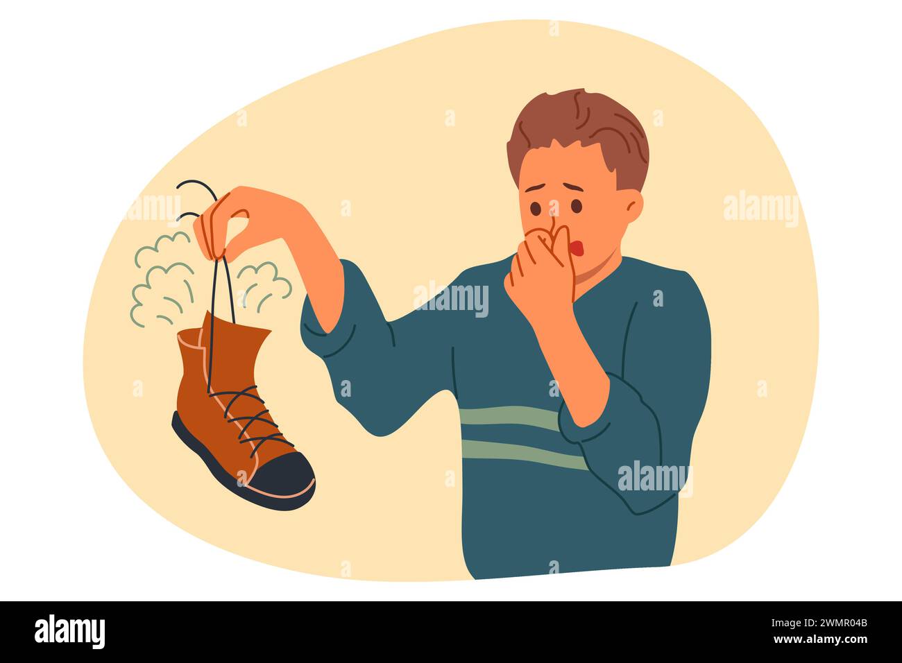 Scarpa puzzolente in mani di uomo che soffre di cattivo odore e sintomi di micosi del piede Illustrazione Vettoriale