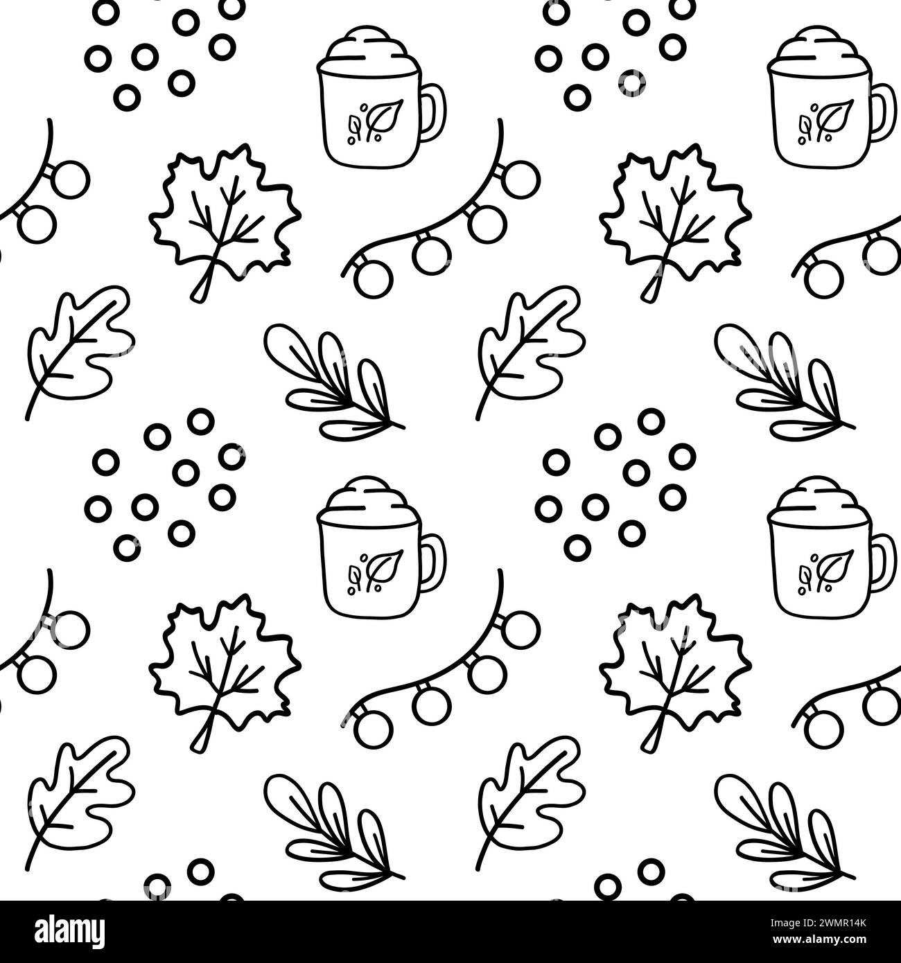 Motivo senza cuciture dell'autunno. Elementi Hygge. Foglie cadute, ghirlanda elettrica, lampada, tazza con cacao e panna, foglia d'acero, foglia di quercia. Vettore isolato Foto Stock