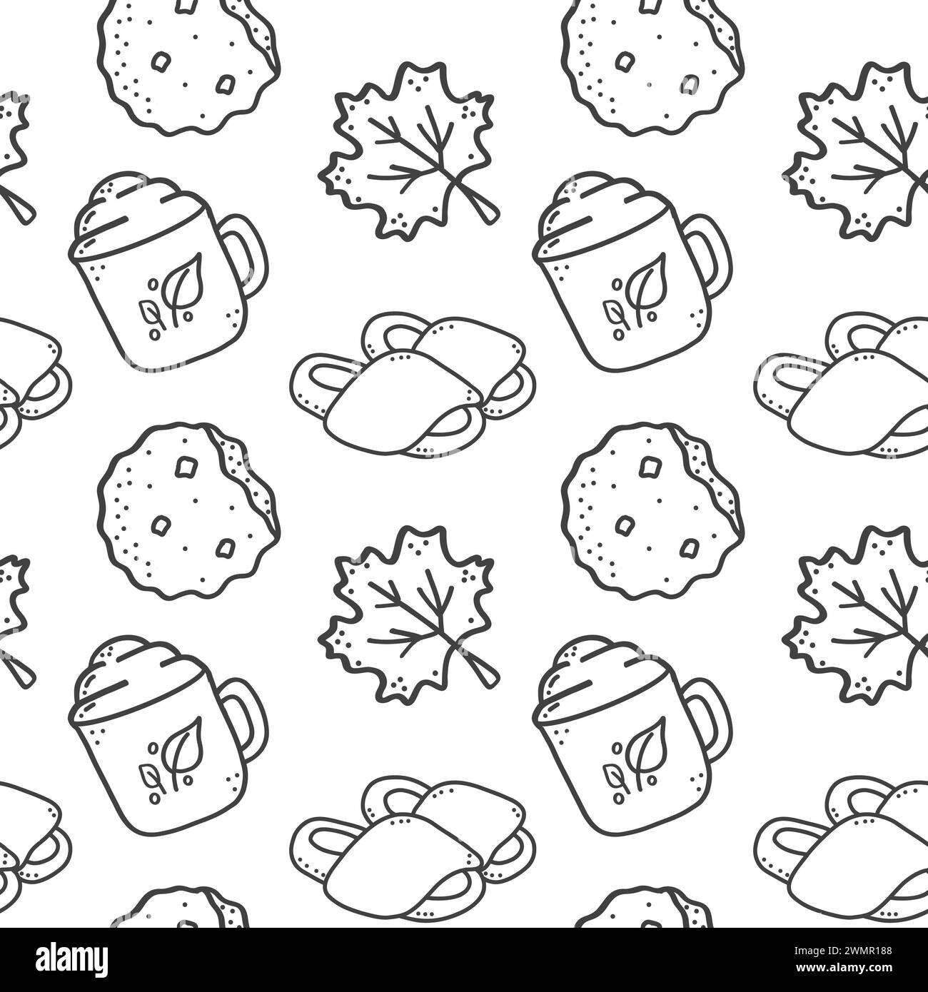 Motivo senza cuciture dell'autunno. Elementi Hygge. Biscotti, foglie cadute, pantofole. Illustrazione del vettore piatto isolato. Disegnato a mano. Per biglietto di auguri, wa Foto Stock