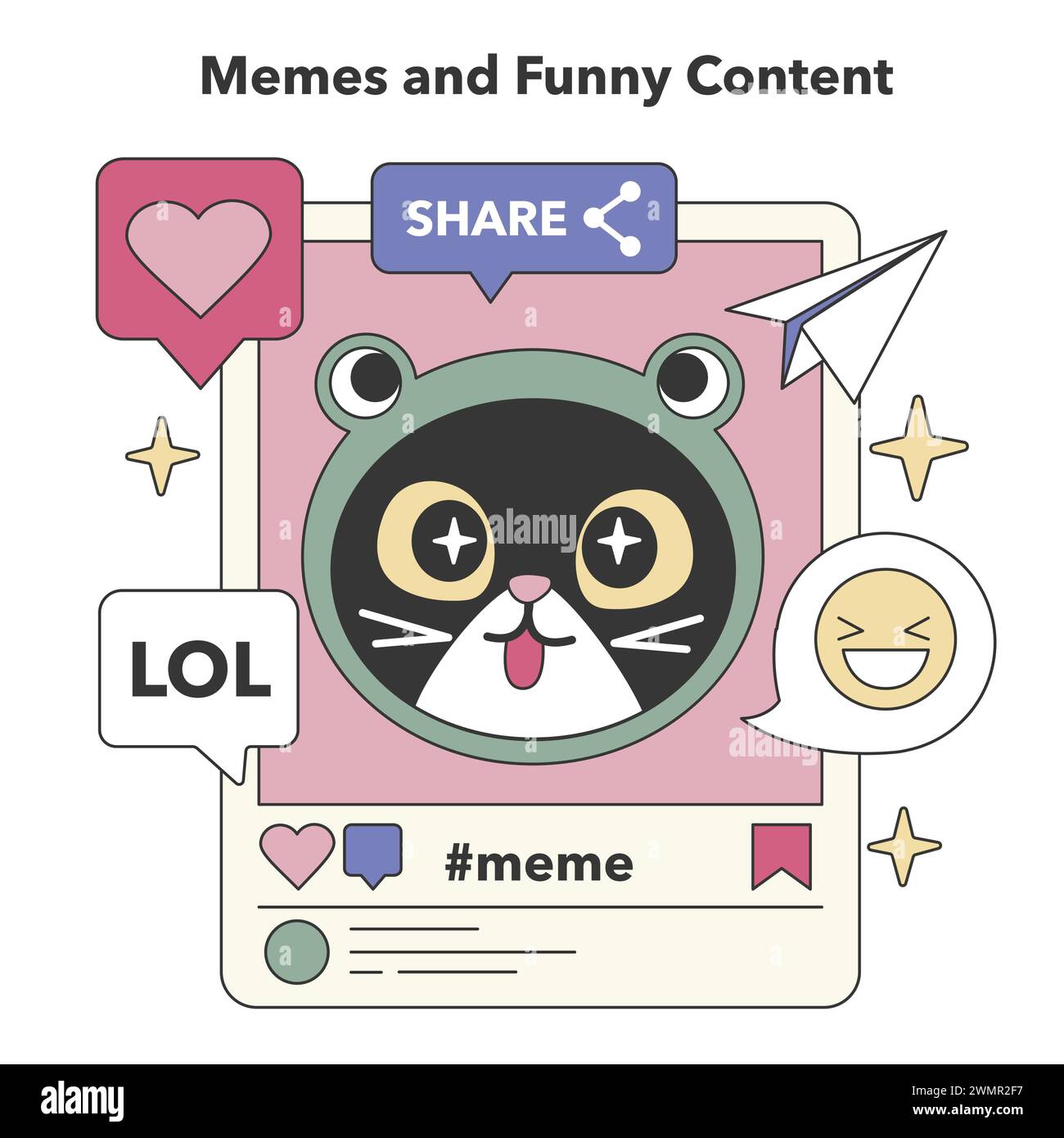 Meme e contenuti divertenti. Umorismo virale ed espressioni gioiose nei social media. Condivisione delle Risate, cultura dei meme, intrattenimento online. Illustrazione vettoriale piatta. Illustrazione Vettoriale