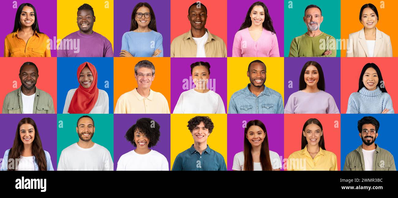 Un allegro mosaico di persone di età ed etnie diverse, che indossano abiti contemporanei Foto Stock