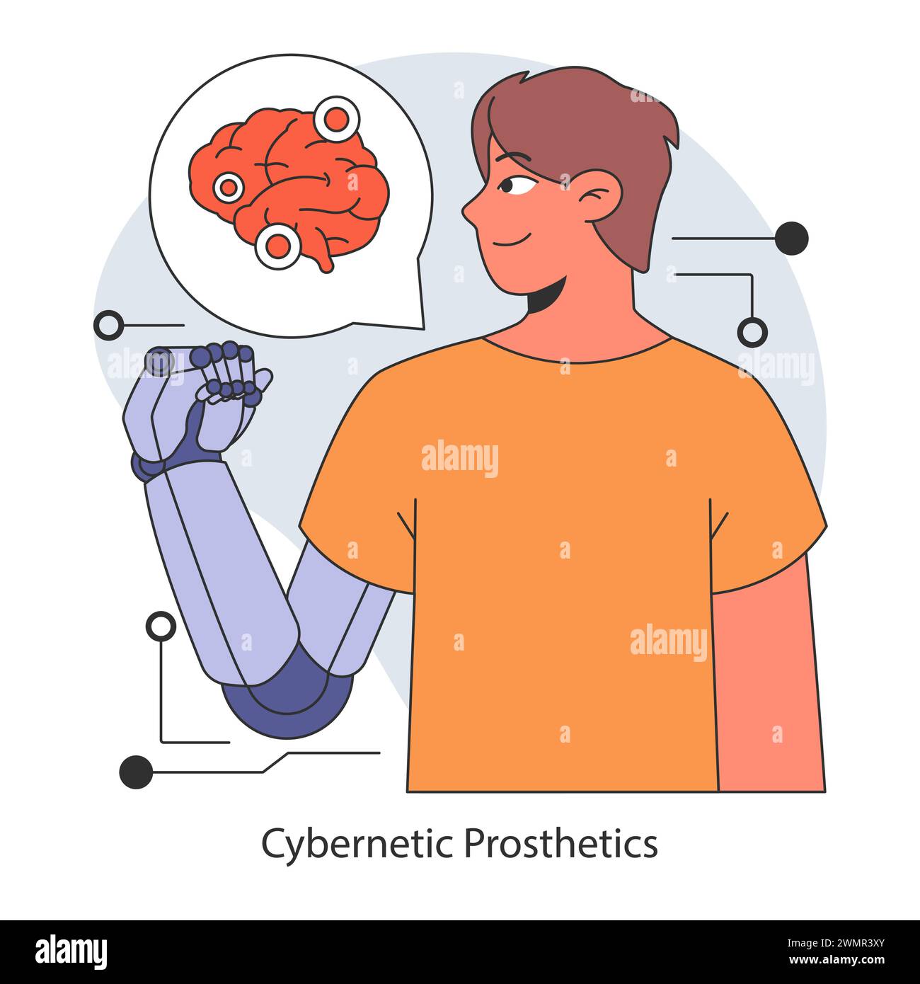 Concetto di protesi cibernetica. Integrazione della robotica avanzata nella vita umana. Miglioramento delle capacità con gli arti artificiali. Pioniere del futuro della bionica. Illustrazione vettoriale piatta. Illustrazione Vettoriale