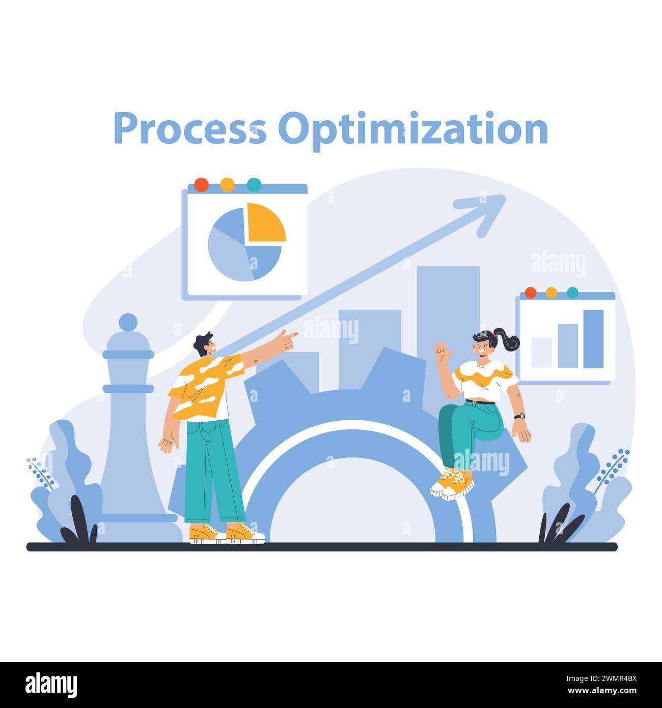 Concetto di ottimizzazione dei processi. Operazioni di raffinazione per la massima efficienza. Uso strategico dell'analisi e della progettazione del flusso di lavoro. Illustrazione vettoriale piatta. Illustrazione Vettoriale