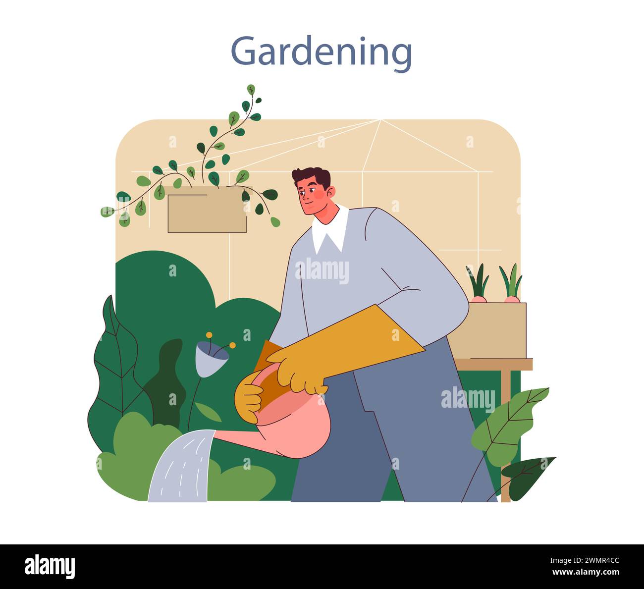 Concetto di giardinaggio. Un uomo tende alle piante, versando acqua con cura, favorendo la crescita in un giardino sereno. Illustrazione Vettoriale