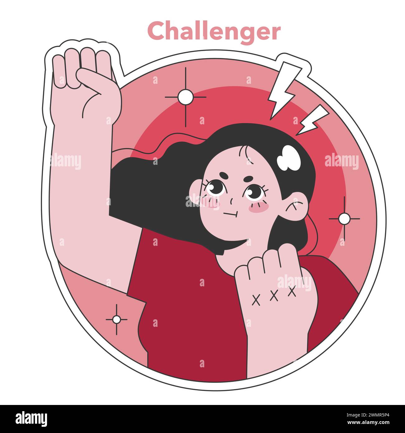 Illustrazione Enneagram Challenger. Un carattere audace e deciso con pugno rialzato, che rappresenta l'empowerment e la resilienza. Ideale per i temi di forza e leadership. Illustrazione vettoriale piatta Illustrazione Vettoriale