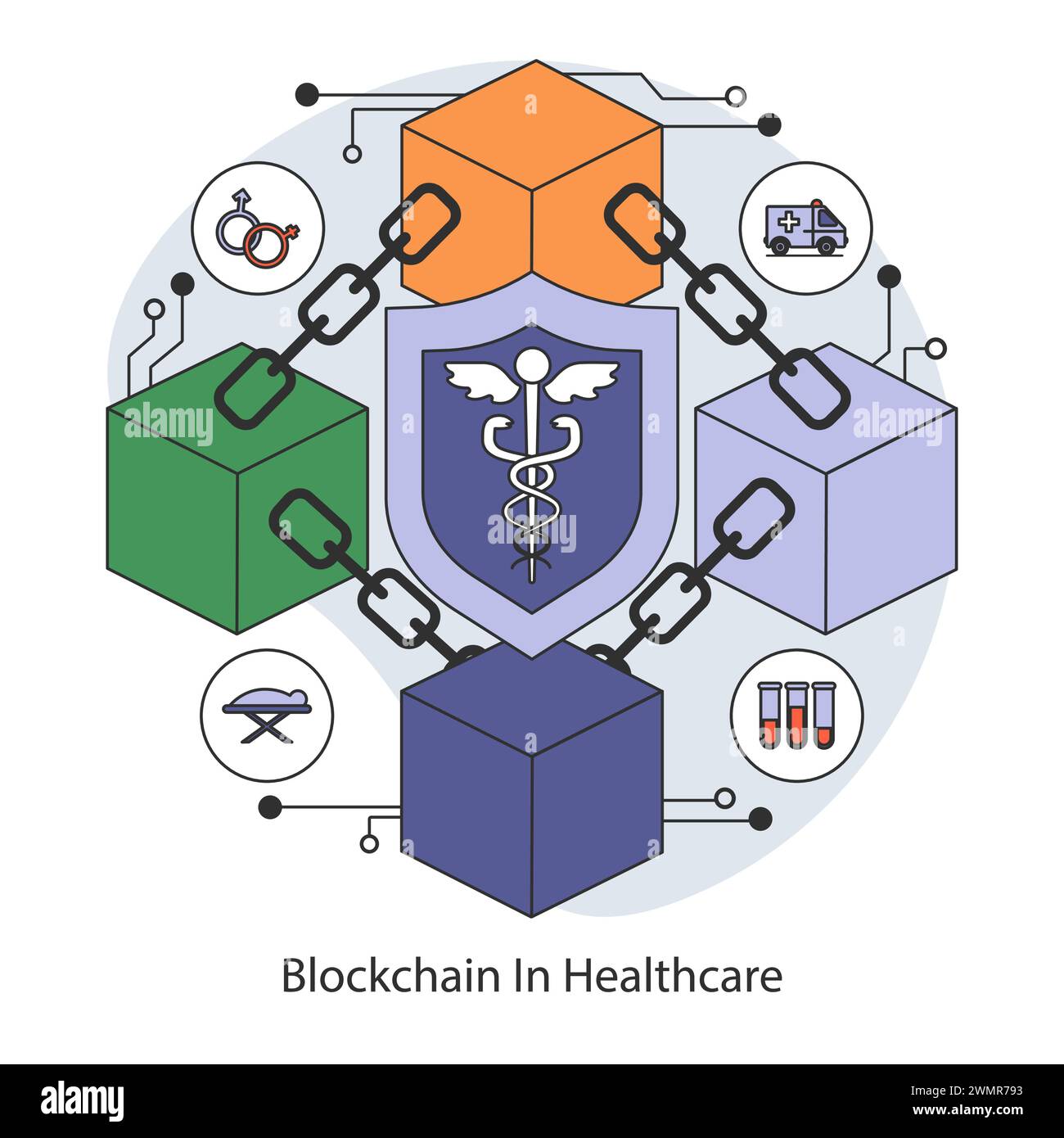 Tecnologia Blockchain nel concetto di assistenza sanitaria. Sistema sicuro e decentralizzato per la gestione dei dati medici e la privacy. Illustrazione vettoriale piatta. Illustrazione Vettoriale