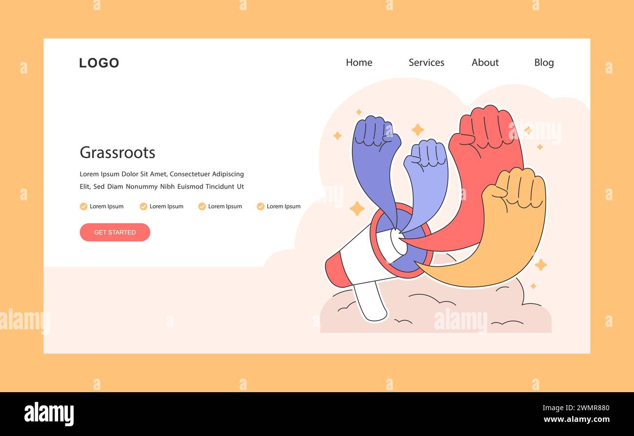 Web o atterraggio di base. Da un megafono emergono pugni Uniti, che rappresentano la generazione di lead guidata dalla comunità e l'azione collettiva. Unità in un lavoro di squadra. Illustrazione vettoriale piatta. Illustrazione Vettoriale