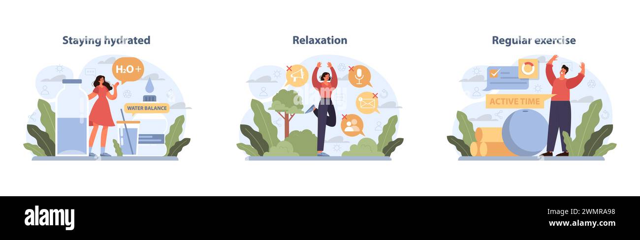Set di elementi essenziali per la vita sana. Le illustrazioni illustrano l'idratazione, lo stile di vita senza stress e le attività di fitness. Importanza dell'acqua, della pace e del movimento. Illustrazione vettoriale. Illustrazione Vettoriale