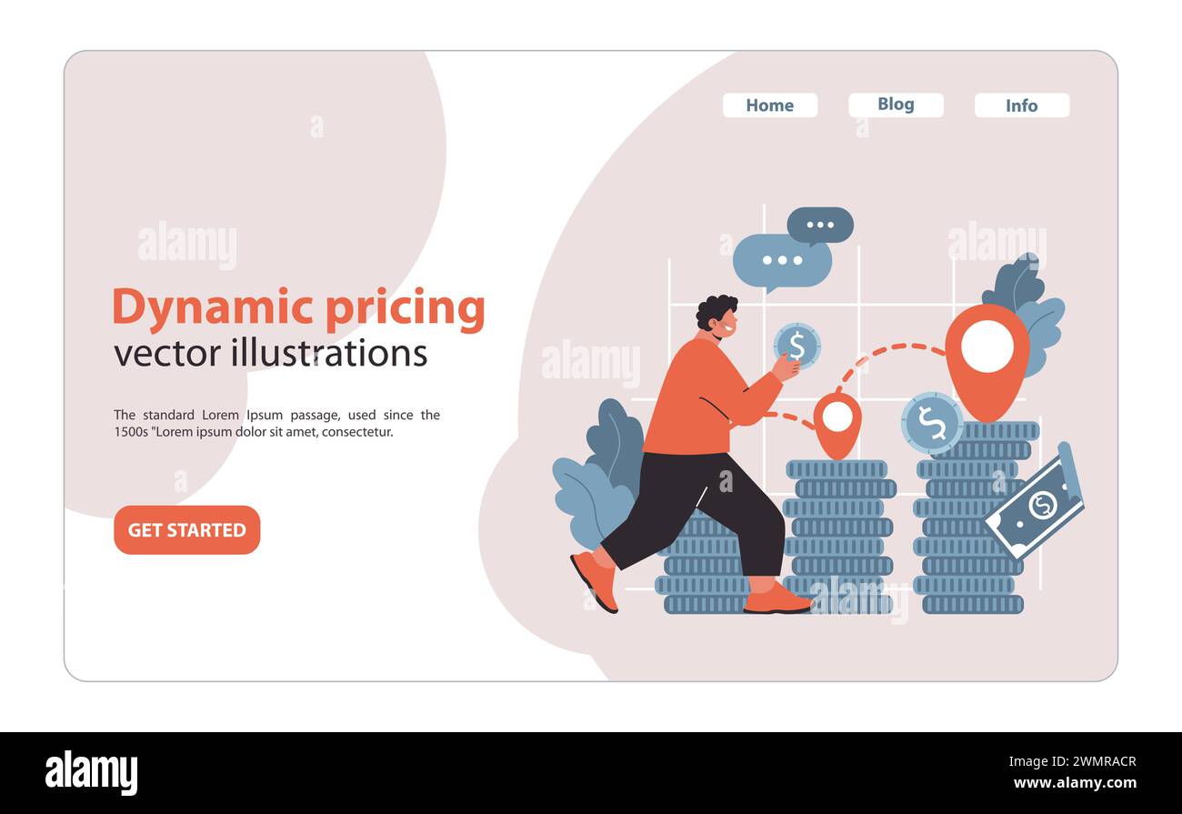 Strategia dinamica dei prezzi. Un approccio agile ai prezzi basato sulla domanda del mercato e sull'analisi dei costi. Illustrare l'adattabilità finanziaria e gli adeguamenti in tempo reale per la crescita aziendale. Vettore piatto. Illustrazione Vettoriale