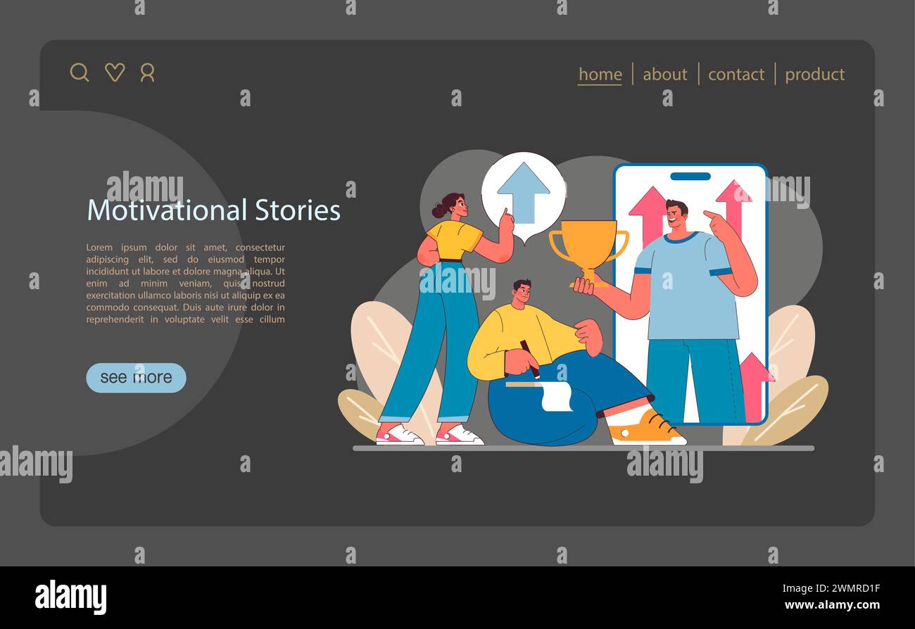 Il concetto di empowerment attraverso storie. Illustrazione di individui che condividono storie di successo, simboleggiano trionfi personali e motivazioni collettive nello spazio digitale. Illustrazione vettoriale piatta. Illustrazione Vettoriale