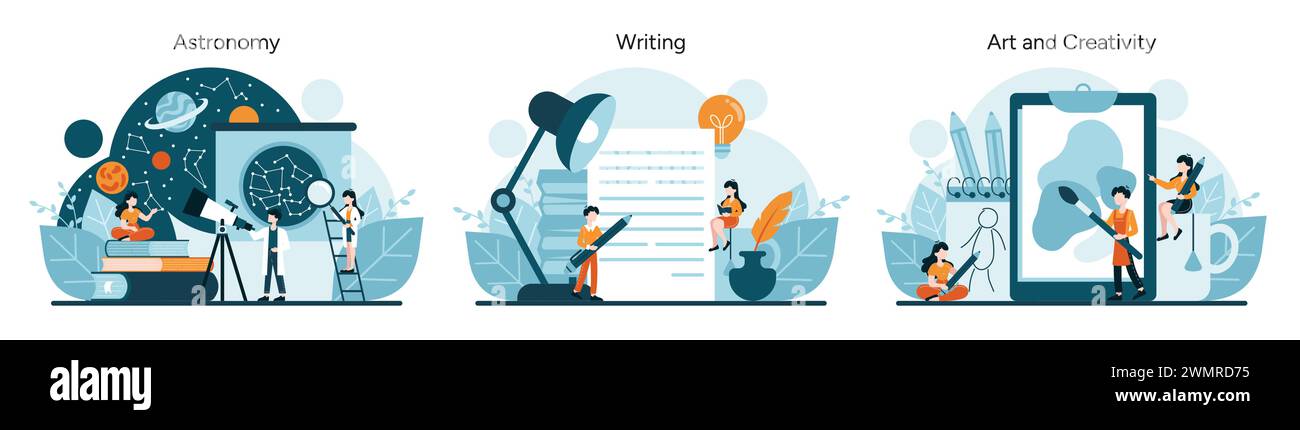 Set di attività creative. Osservazione delle stelle, mappatura delle costellazioni, studio astronomico. Scrittura espressiva, ideazione con momenti di lampadina. Forme d'arte diverse incanalano la creatività. Vettore piatto Illustrazione Vettoriale