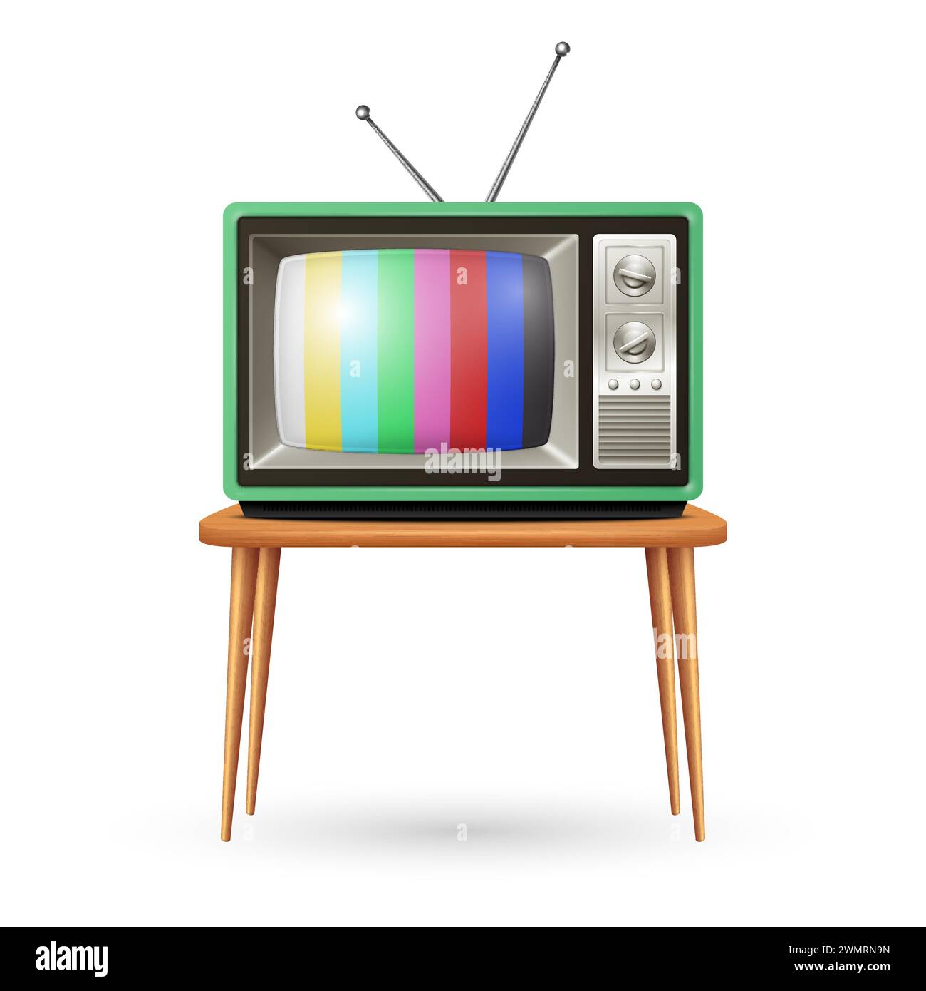 Set TV retro Vector 3d Realistic isolato. Design degli interni con TV Vintage in vista frontale. Ricevitore TV retro classico Illustrazione Vettoriale