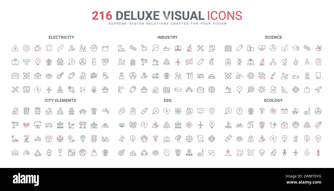 ESG, scienza, governance e supporto giuridico per la protezione ambientale, set di icone delle linee di consumo di energia elettrica. Energia verde, tecnologia di riciclo, ordinamento di sottili simboli neri e rossi illustrazione vettoriale Illustrazione Vettoriale